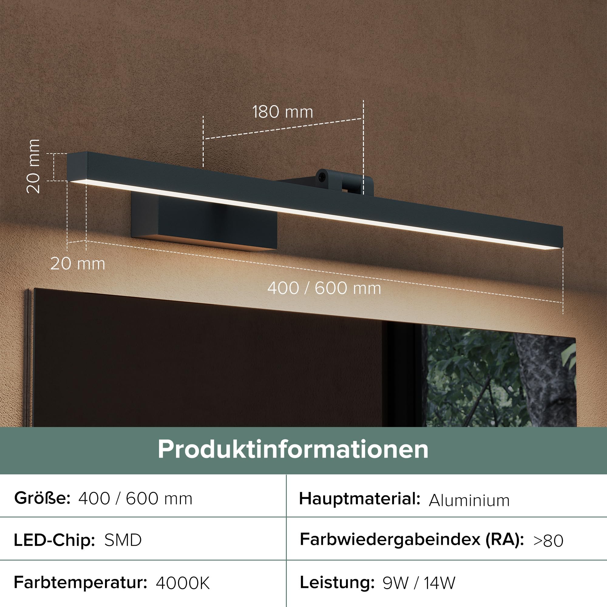 doporro LED Spiegelleuchte Badezimmerleuchte Sandschwarz 40cm - 9W Spiegellampe 4000K - 180° drehbar für flexible Ausleuchtung - Stylische Wandleuchte für Badbeleuchtung Strahlenschön