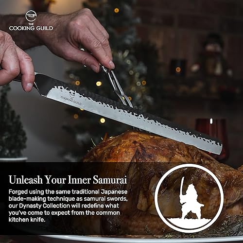 Miniatura 4 de The Cooking Guild Dynasty Series - Cuchillo profesional para rebanar de 12 pulgadas, cuchillo japonés de acero San Mai con acabado martillado,