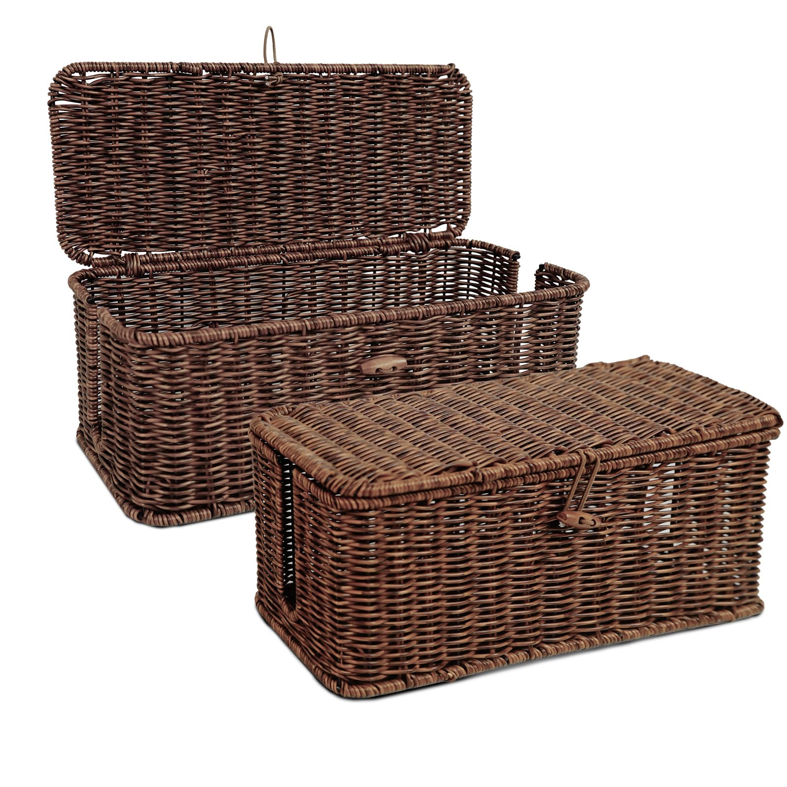 iXTRA 2-Pack Cable Management Box Set, Handwoven Rattan Cord Organizer, Decorative Cord Hider with Lid, Large Cable Organizer for Desk, TV Wires,Power Strips & Cords Brown