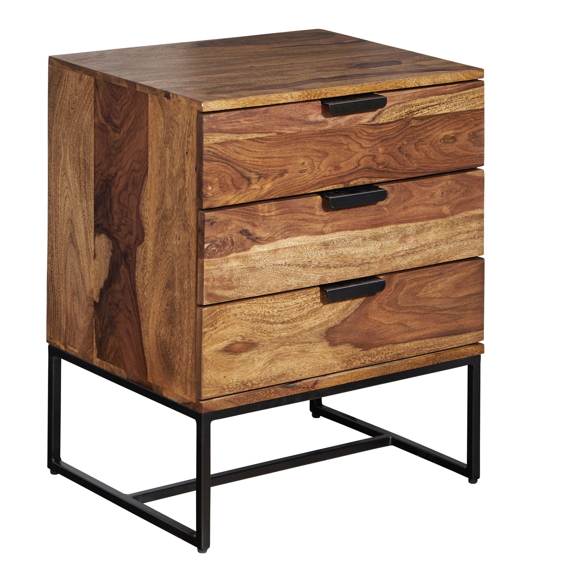 FineBuy Mesita de Noche 50x40x65 cm Madera Maciza de Sheesham y Metal | Mesilla Mesa de Noche con 3 cajones | Consola de Noche con Espacio de Almacenamiento