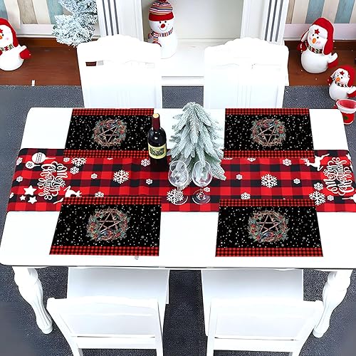 Miniatura 2 de Nepnuser Linen Yule - Juego de 4 manteles individuales de búfalo a cuadros paganos, solsticio de invierno, vacaciones, fiestas, para el hogar,
