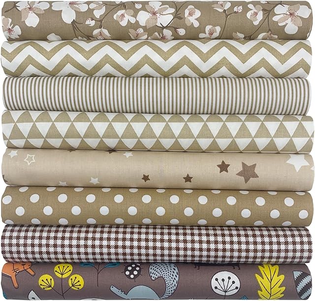 Aufodara 8 tkanin bawełnianych, towar sprzedawany na metry, zestaw materiałów, 50 x 50 cm, materiały do szycia, patchworku, do pikowania, majsterkowania, rzemiosła, kwadratowe, bawełniane tkaniny (brązowe)