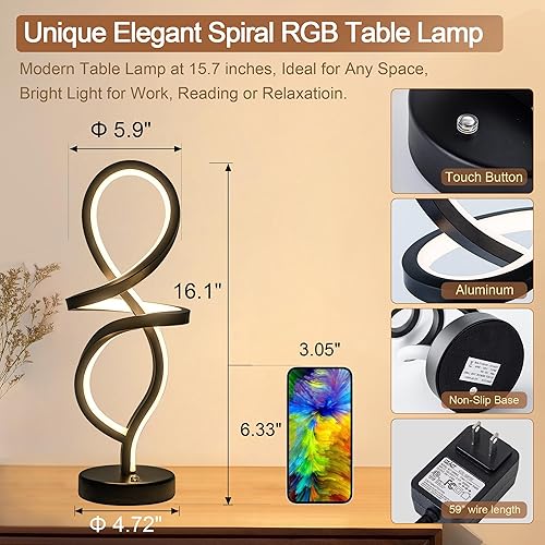 Miniatura 7 de Lámpara de mesa moderna, lámpara LED en espiral, lámpara de mesa RGB, lámpara de noche negra con 7 colores, 10 modos de luz, lámpara de mesita de
