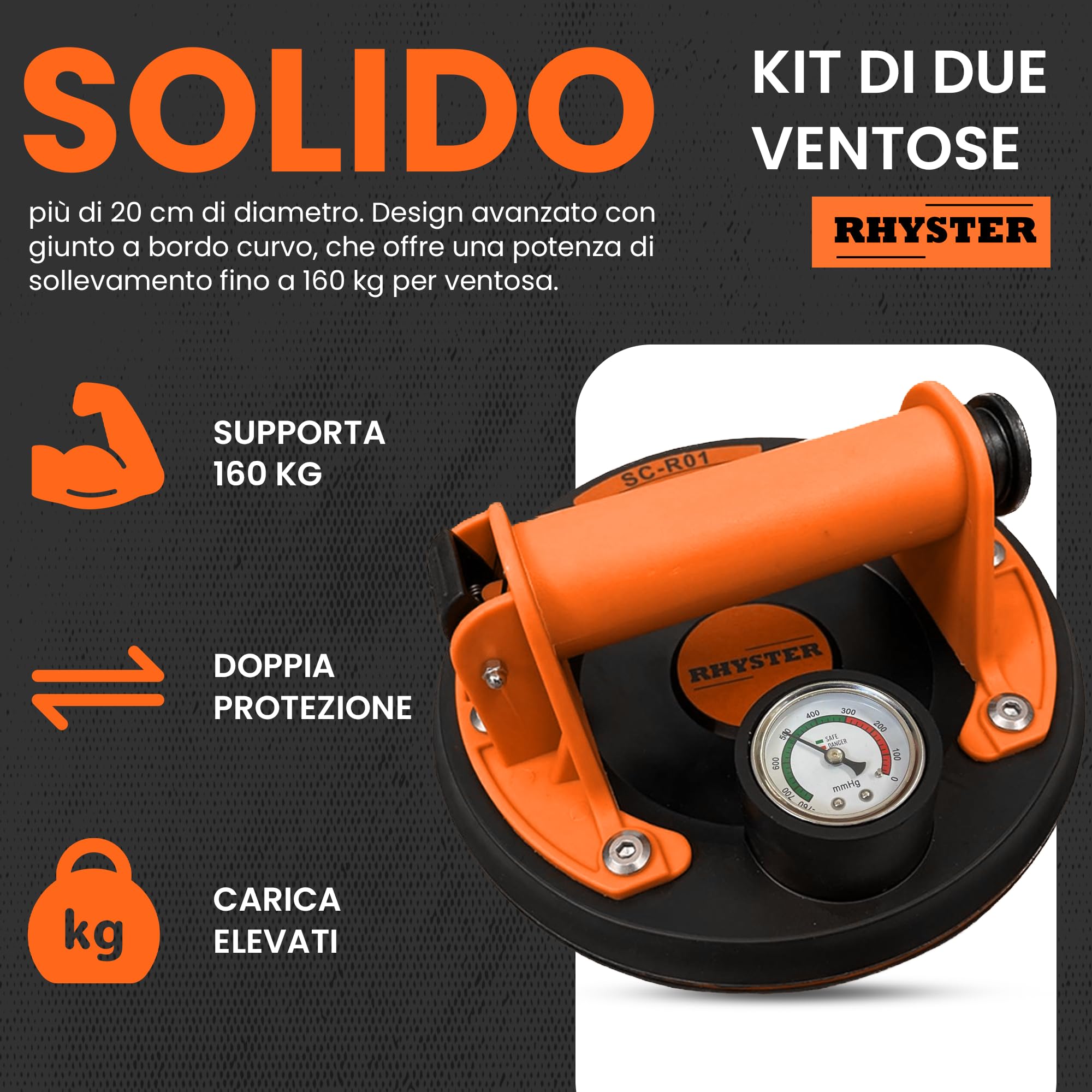 RHYSTER® 2 Ventose per Piastrelle con Manometro e Indicatore di Sicurezza, Diametro 200 mm, Supporto Fino a 300 kg, Ideale per Piastrelle, Vetri, Parabrezza, Mobili, Kit di Ricambio per Valvole
