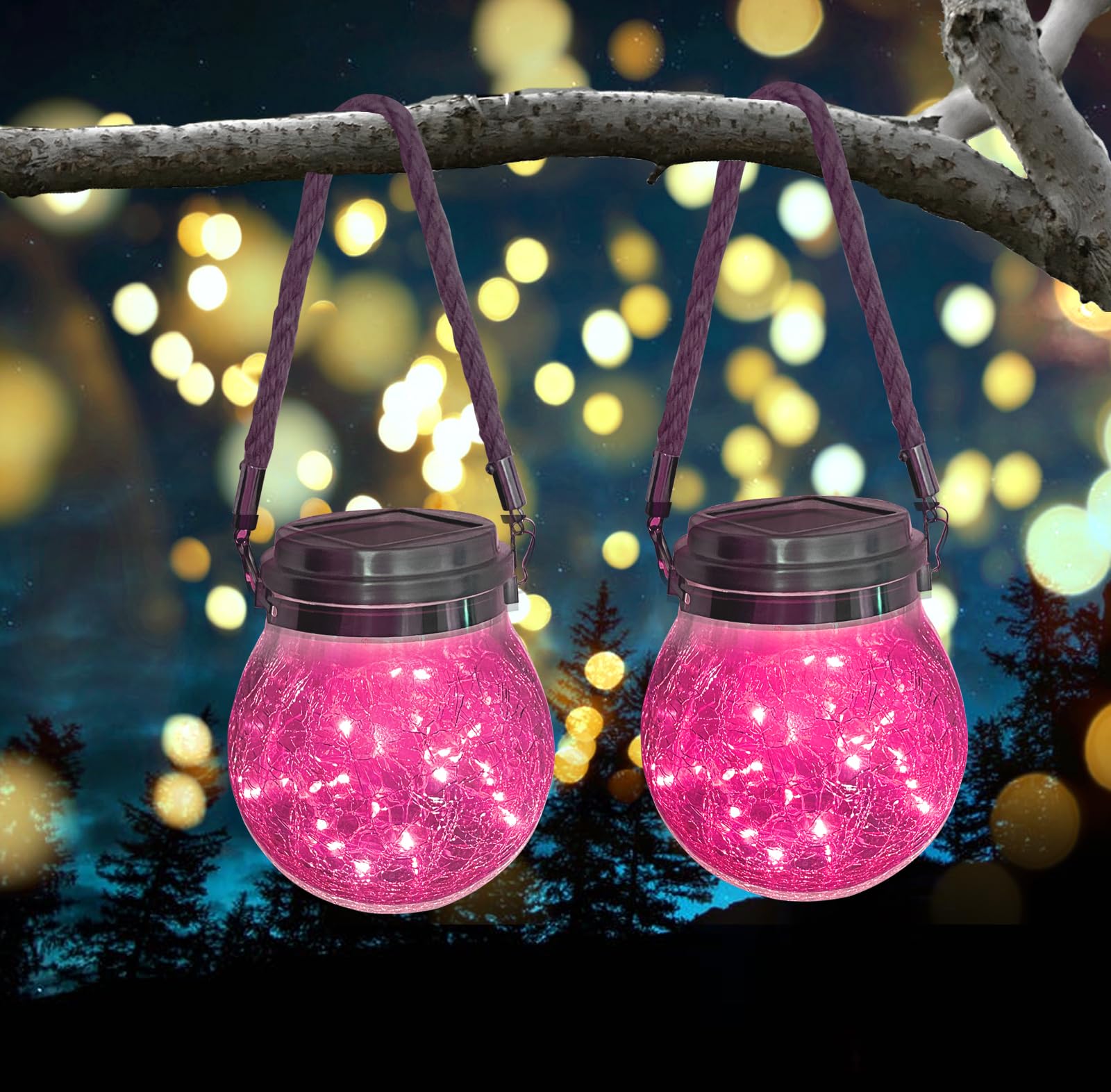 Hanging Outdoor Solar Lights VGE 2 Pack 30LED Cracked Glass Ball Decorative Lights Solar Powered Waterproof Landscape Lights