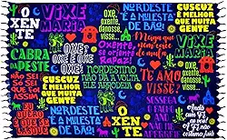 Canga Praia Frases Nordestina, Oxi Oxente Estampa Colorida Frases Típicas, Tecido com Franjas, Azul Marinho