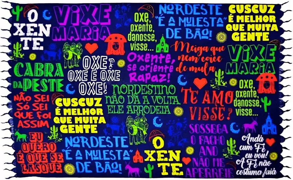 Canga Praia Frases Nordestina, Oxi Oxente Estampa Colorida Frases Típicas, Tecido com Franjas, Azul Marinho