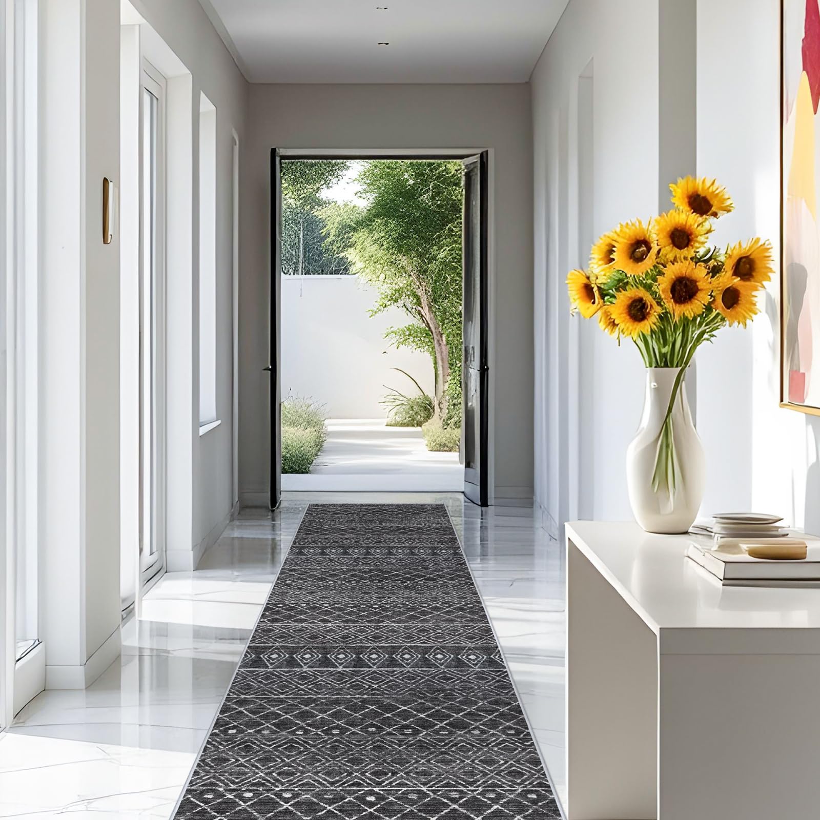 BYYVOO 3x12 Runner Rug for Hallway - Long Kitchen Runner Machine Washable Non Slip Rug Runner Moroccan Floor Mat Low Pile Indoor Carpet for Bedroom