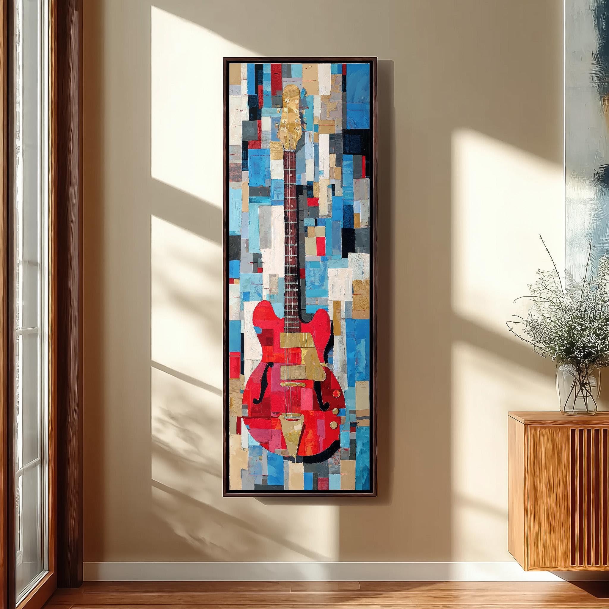 XINBAO Czerwony obraz gitarowy, pionowa kubistyczna sztuka muzyczna, wysoki i wąski instrument muzyczny na płótnie, kolorowa dekoracja, geometryczny nadruk muzyka (40 x 120 cm/bez ramki)