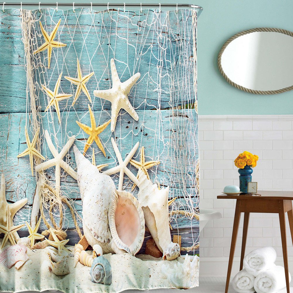 Tenda Da Doccia Con Onde Oceaniche, Tartarughe E Conchiglie – 182x183 Cm, Poliestere Impermeabile, Con 12 Ganci
