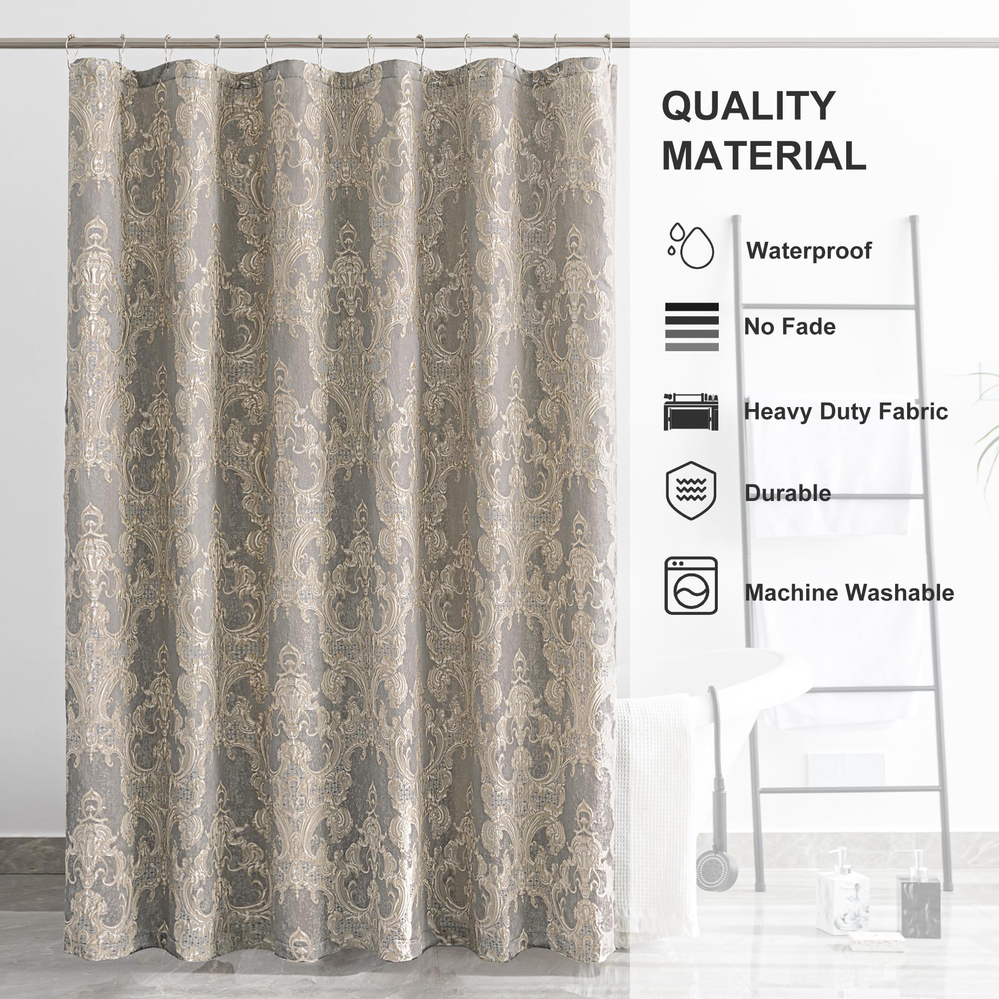 Duschvorhang-Set Aus Damast – Grau, Wasserdicht, Mit 12 Metallhaken, 183x183 Cm