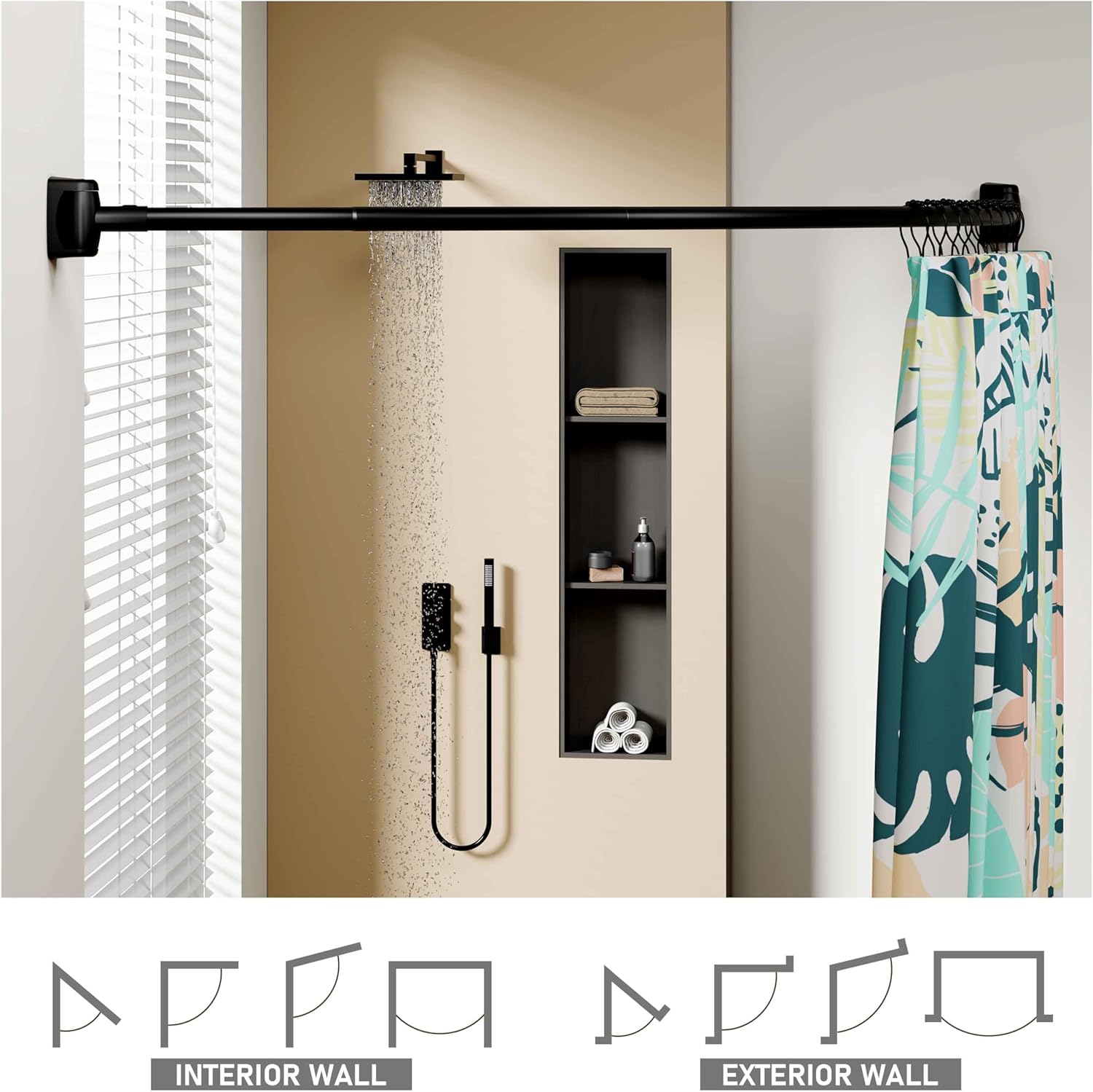 DYHOME Curved Shower Curtain Rod For Bathroom 35-76 Inches, Adjustable Length, Black Curved Shower Rod, Metal Rods, Round Shower Curtain Rods, Rotate Bracket For Large Shower Space, Need Drilling