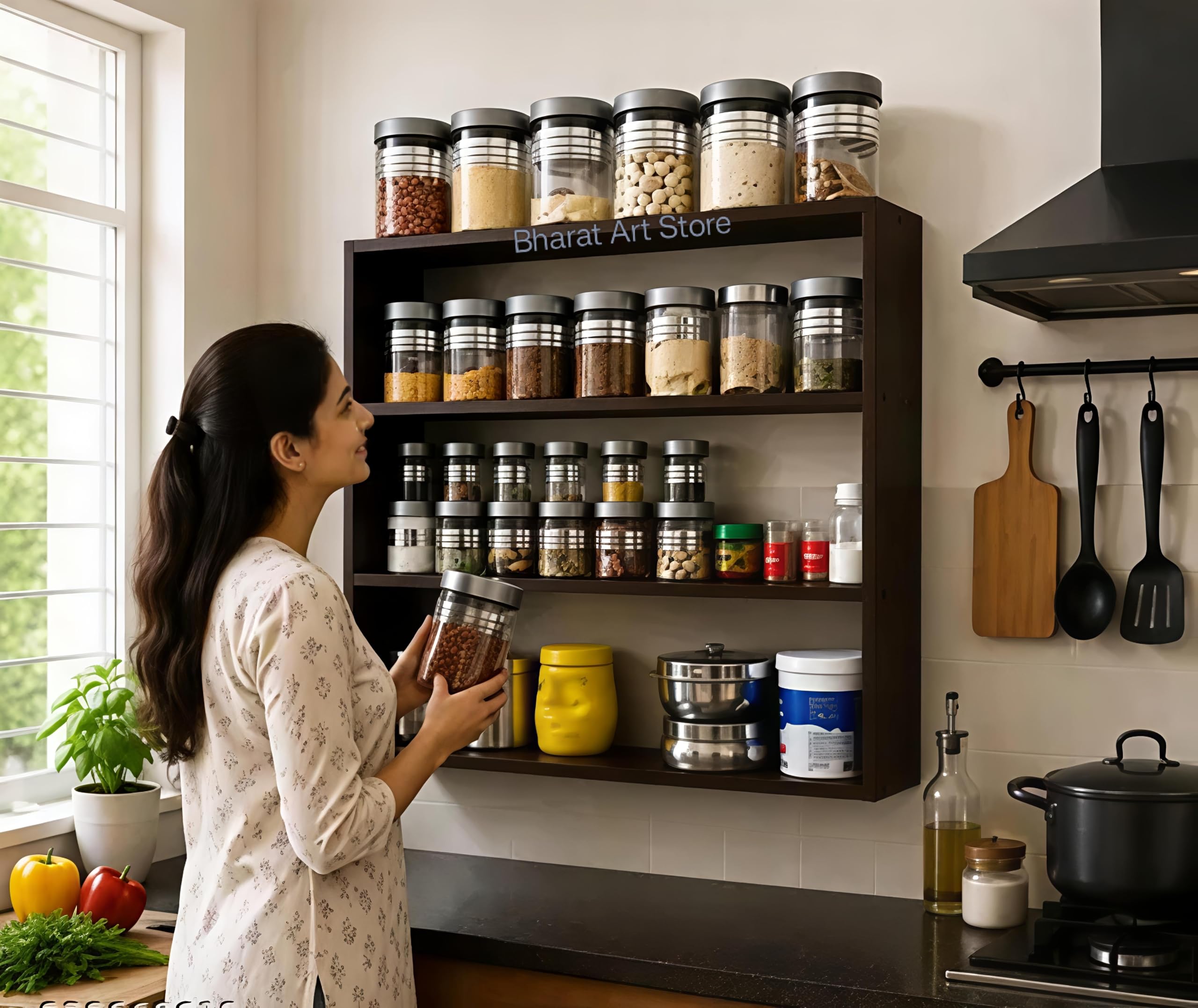 Wall-Mounted Wooden Kitchen Organizer Shelf, Rustic Black Storage Rack for Spices, Jars, Utensils, Multipurpose 3-Tier Display Stand-image-45