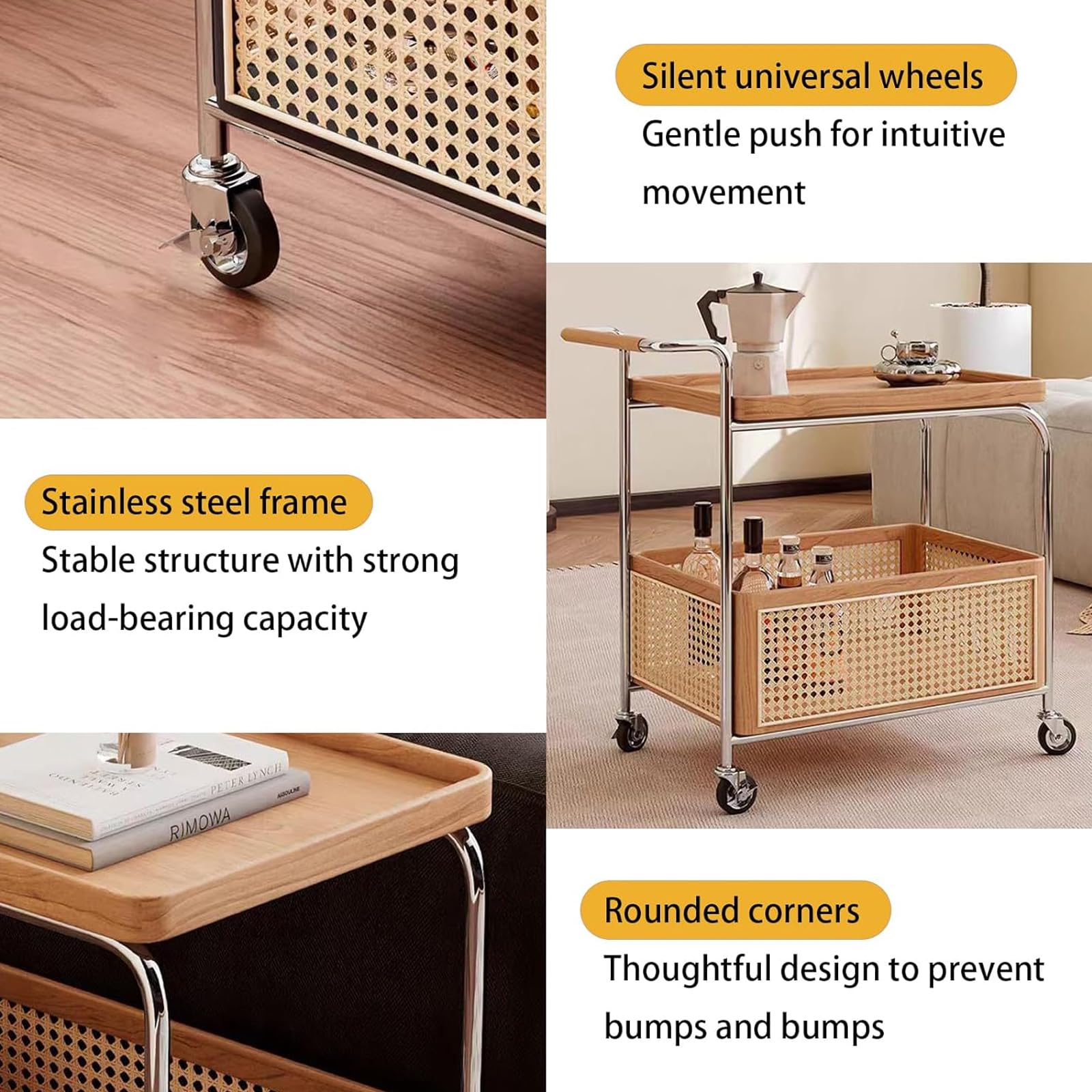 Mesa auxiliar de 2 niveles con ruedas giratorias, mesa auxiliar de madera maciza con cesta de almacenamiento, mesas auxiliares móviles para sala de estar, dormitorio, oficina