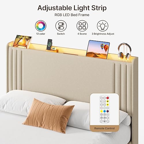 Miniatura 59 de Gizoon Base de cama Queen con cabecera de ala, plataforma tapizada con cabecera geométrica moderna, listones de madera, sin ruido, no necesita