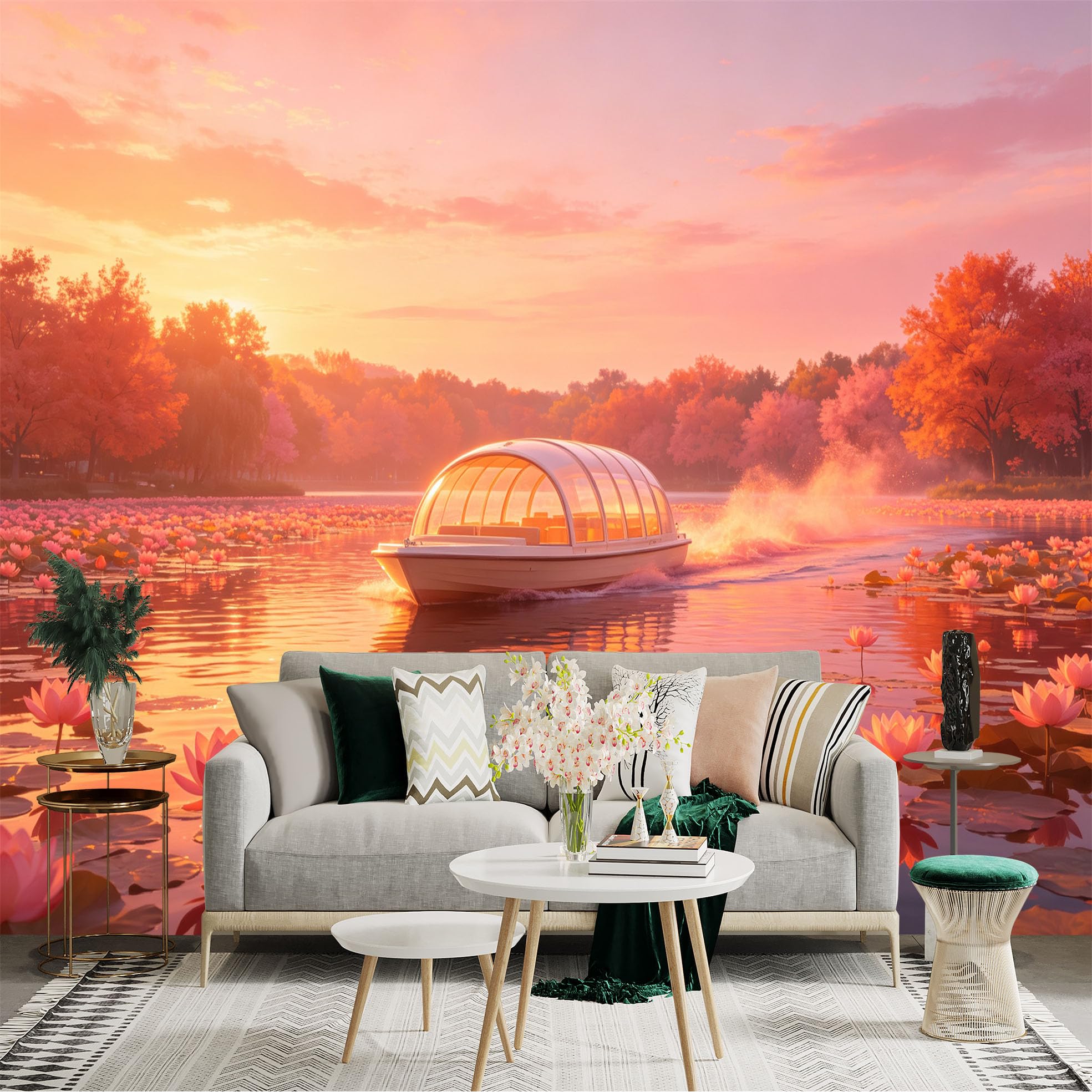 Custom Size Wall Sticker Mural， Sunset Boat Ride on Lotus Lake， Pink Floral Scenery， Peaceful Waterscape， for wall Decoration， peelandstick wall Decals.