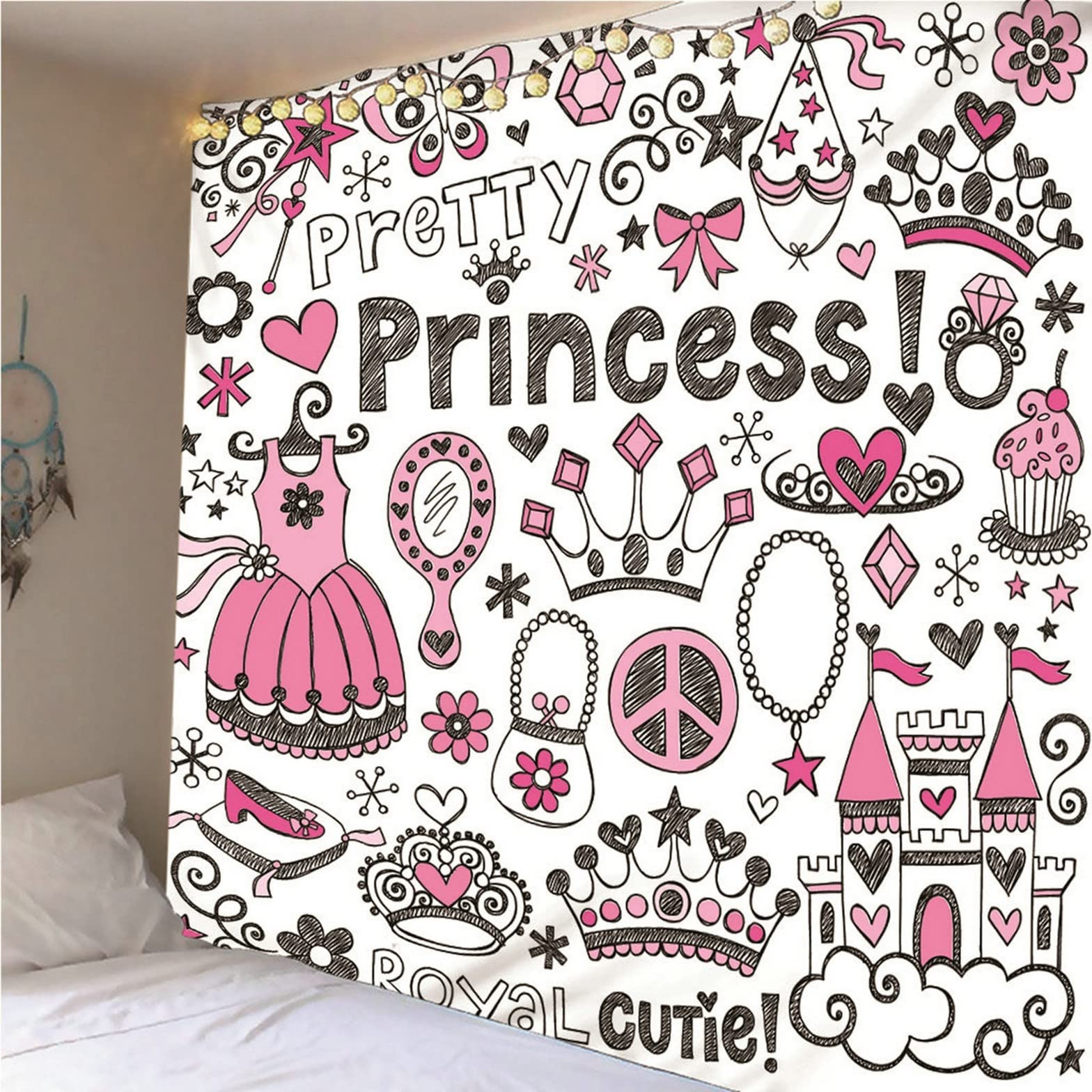Ethereval Arazzi Da Parete Grandi Tapetto Camera Letto Motivo Della Serie Principessa Carina Tema Cartone Animato Arazzo xxl Abbellimento Bianco Decorazioni Tessuto 350x250cm
