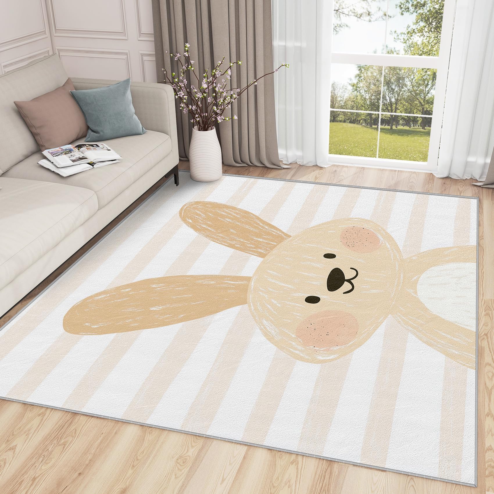 Tapis lapin 200x250cm lavable et antidérapant avec rayures de securite pour le salon