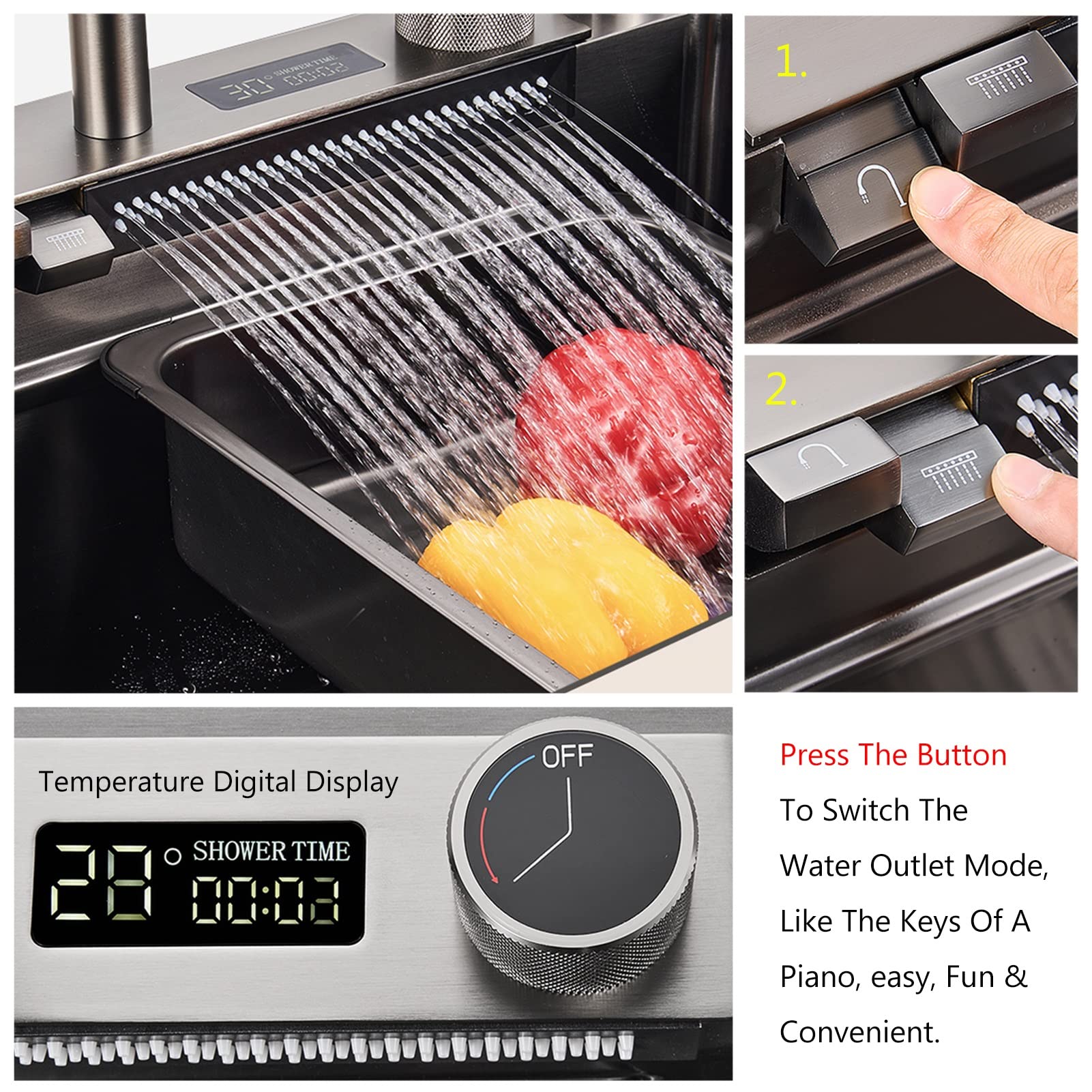 Fregadero De Barra De Cocina Gris Negro Con Grifo De Cascada, Lavabo De Acero, Tabla De Cortar, Drenaje Y Kits De Instalación, Fregadero De Cocina Grande De Un Solo Tazón ( S : 75cm-A3 )