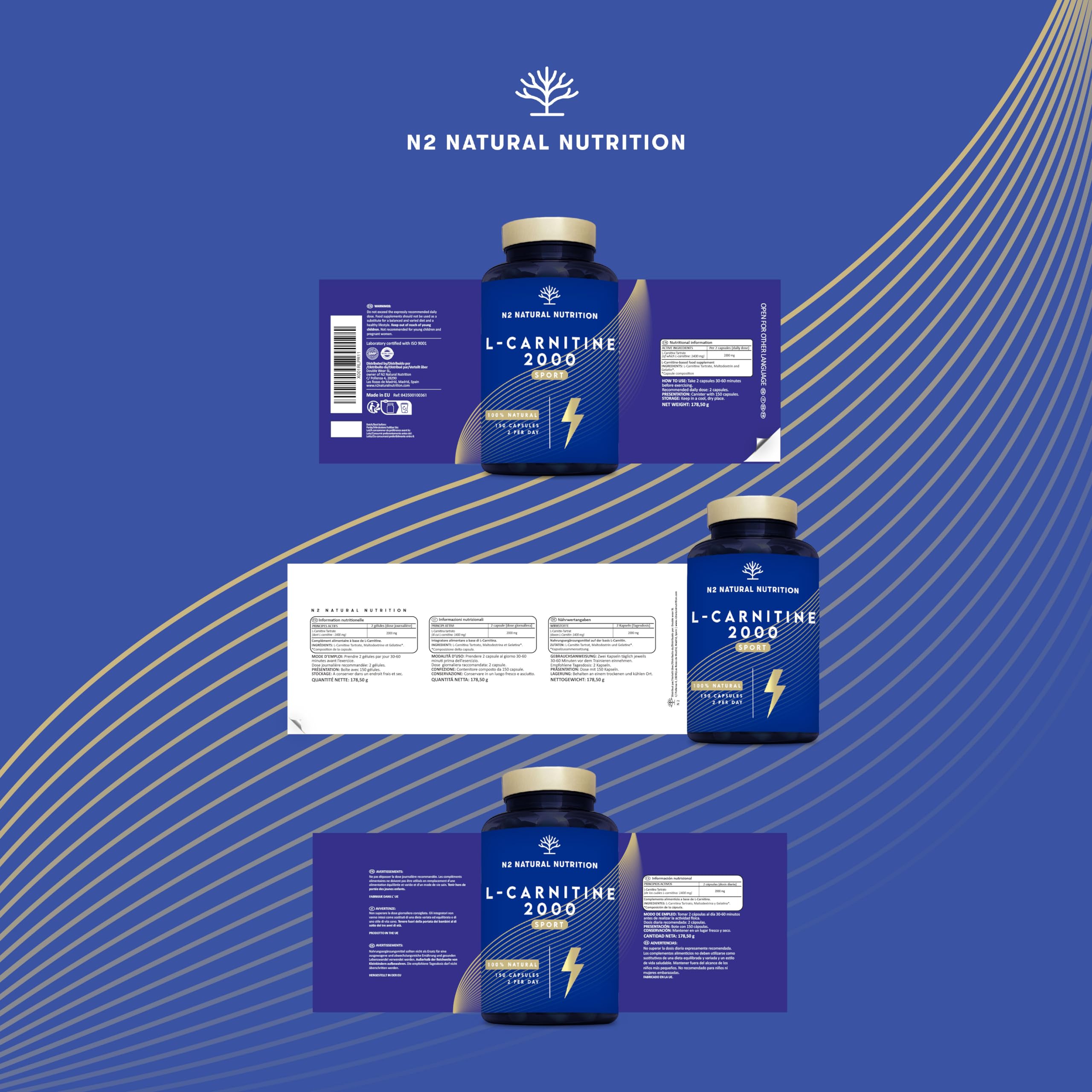 L CARNITINA 100% Natural 2000 mg, Quemagrasas Potente Para Adelgazar, 150 Cápsulas 75 días, Pre Workout Gym, Mejora Energía, Resistencia y Rendimiento. Sin Azucar. N2 Natural Nutrition