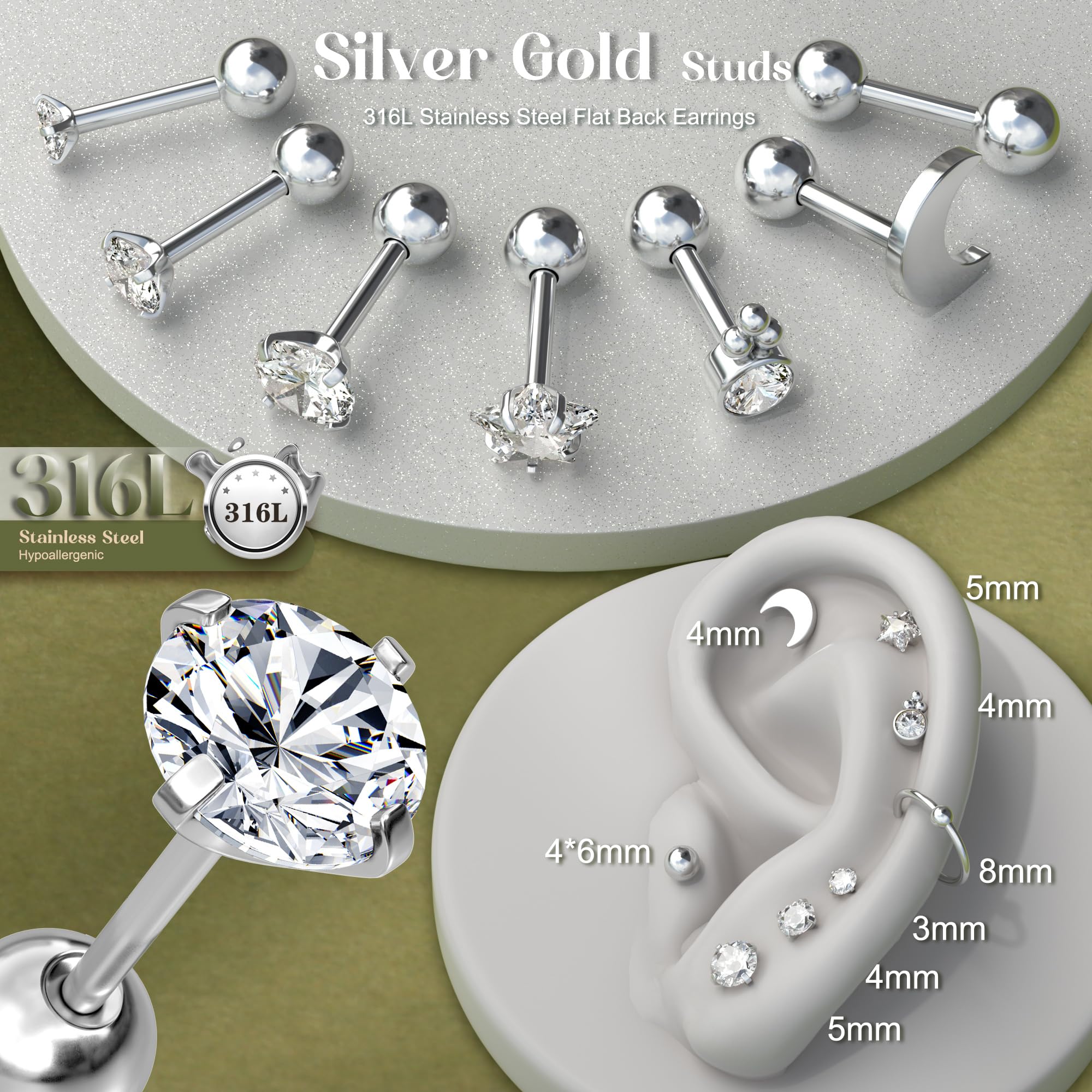 HMJGDHX 20 sztuk stal chirurgiczna Helix Piercing biżuteria hipoalergiczna śruba kolczyki z płaskim tyłem zestaw Tragus Hoop muszla Daith Piercing biżuteria klip srebrne złote kolczyki na chrząstkę
