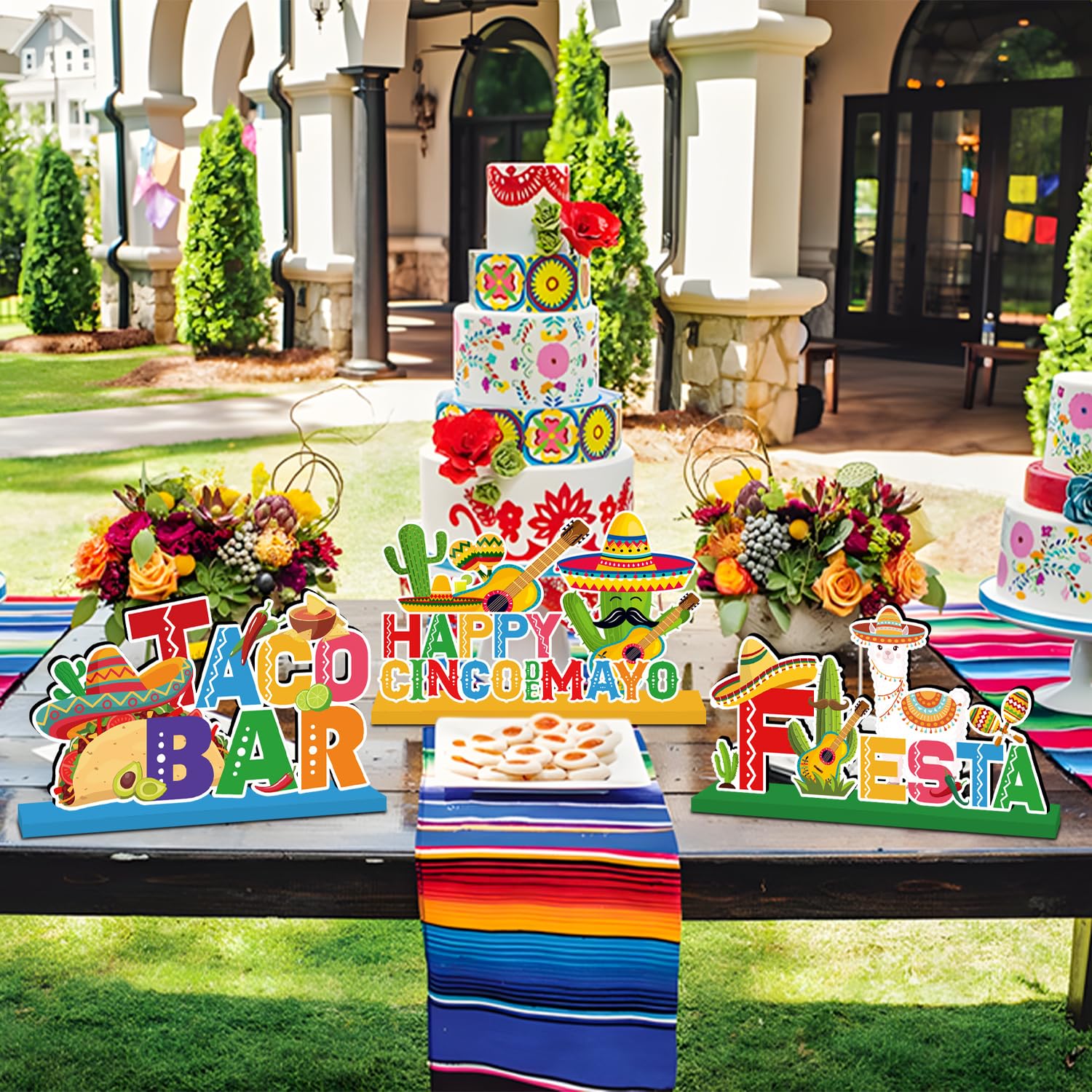 4pcs Fiesta Cinco De Mayo Party Decorations Wood Table Centerpieces Happy Cinco De Mayo Table Decor for Mexican Fiesta Party Taco Bar Mexican Style Party Table Sign