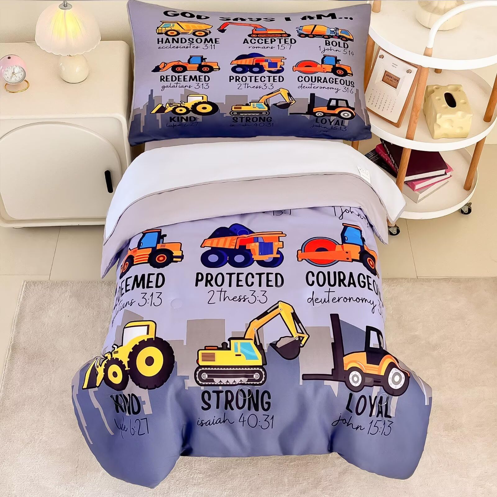 4 Piece Toddler Bedding Set for Boys,Cars Construction Toddler Bed Comforter Set Includes Comforter,Flat Sheet,Fitted Sheet and Pillowcase,Christan Trucks Tractors Bed in A Bag for Kids Bedroom