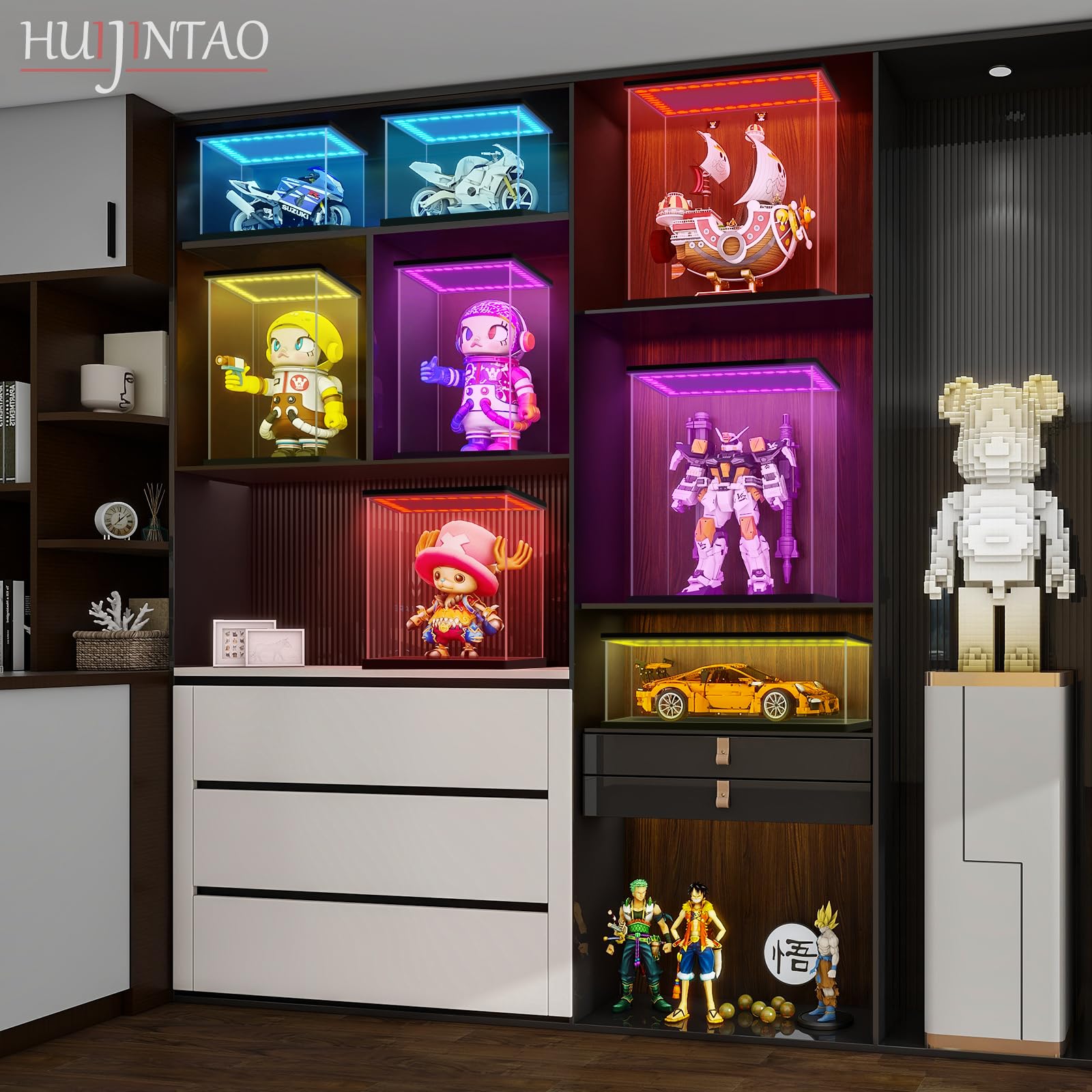 Vetrina in Acrilico con luci a LED e Interruttore, Teca Plexiglass Antipolvere Teca Espositiva, Vetrina Espositiva per Collezionismo, Modellismo (30x30x30 cm)