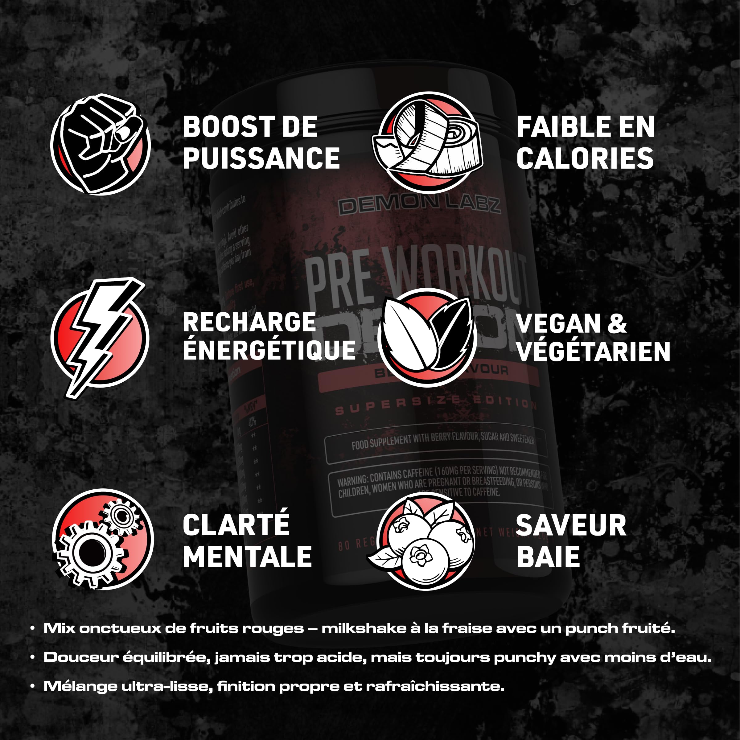 Pre Workout Demon - Pré-Entraînement Créatine (Fruits Rouges, 720g) | Booster pré-entraînement en poudre avec 160mg de caféine par dose, créatine, bêta-alanine, citrulline, glutamine et taurine