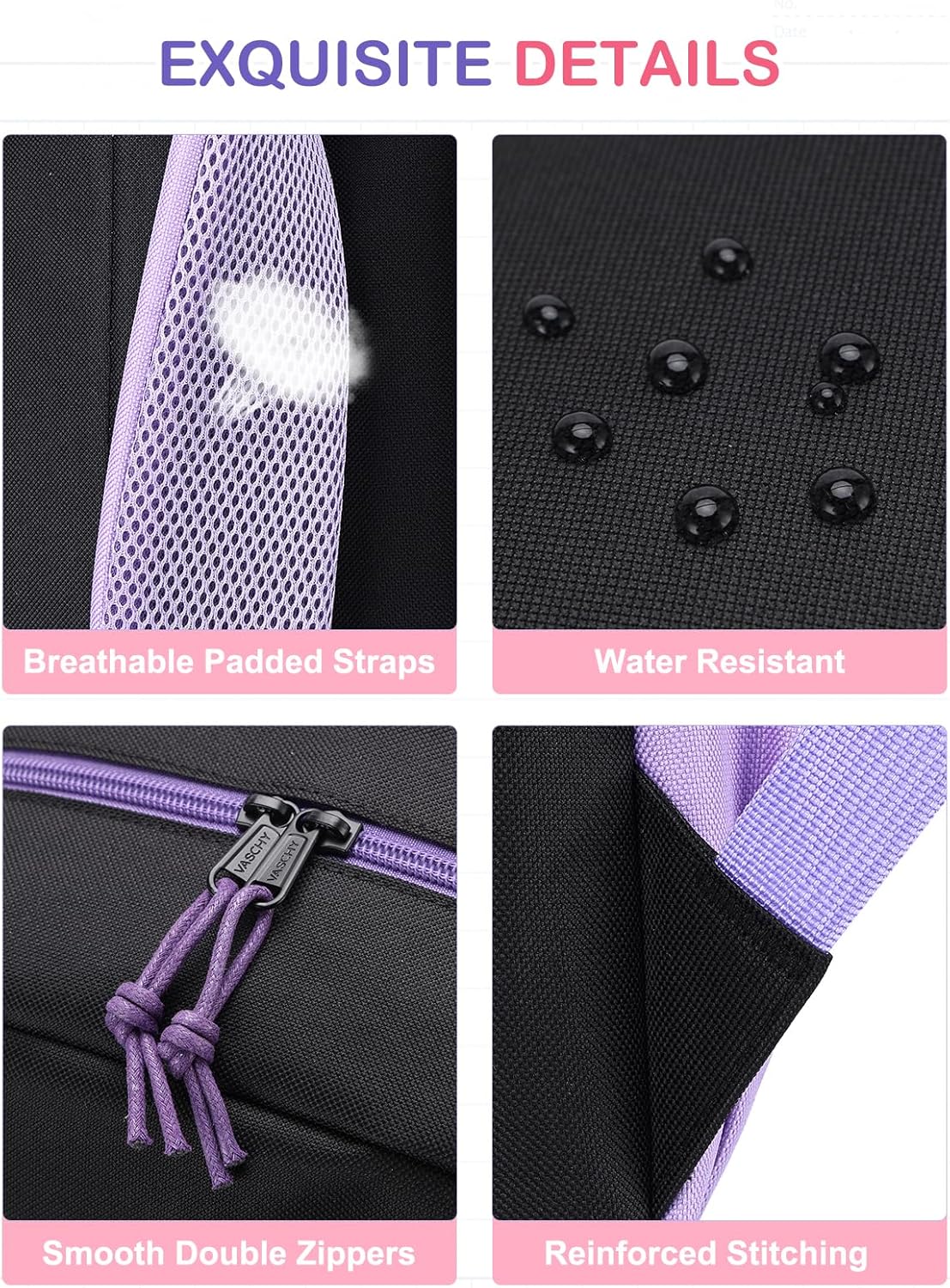 VASCHY Backpack for Girls, Cute Elementary School Bag Bookbag for Primary Schooler Kids with Sparkling Sequin Clear Pocket Black Purple - Image 5