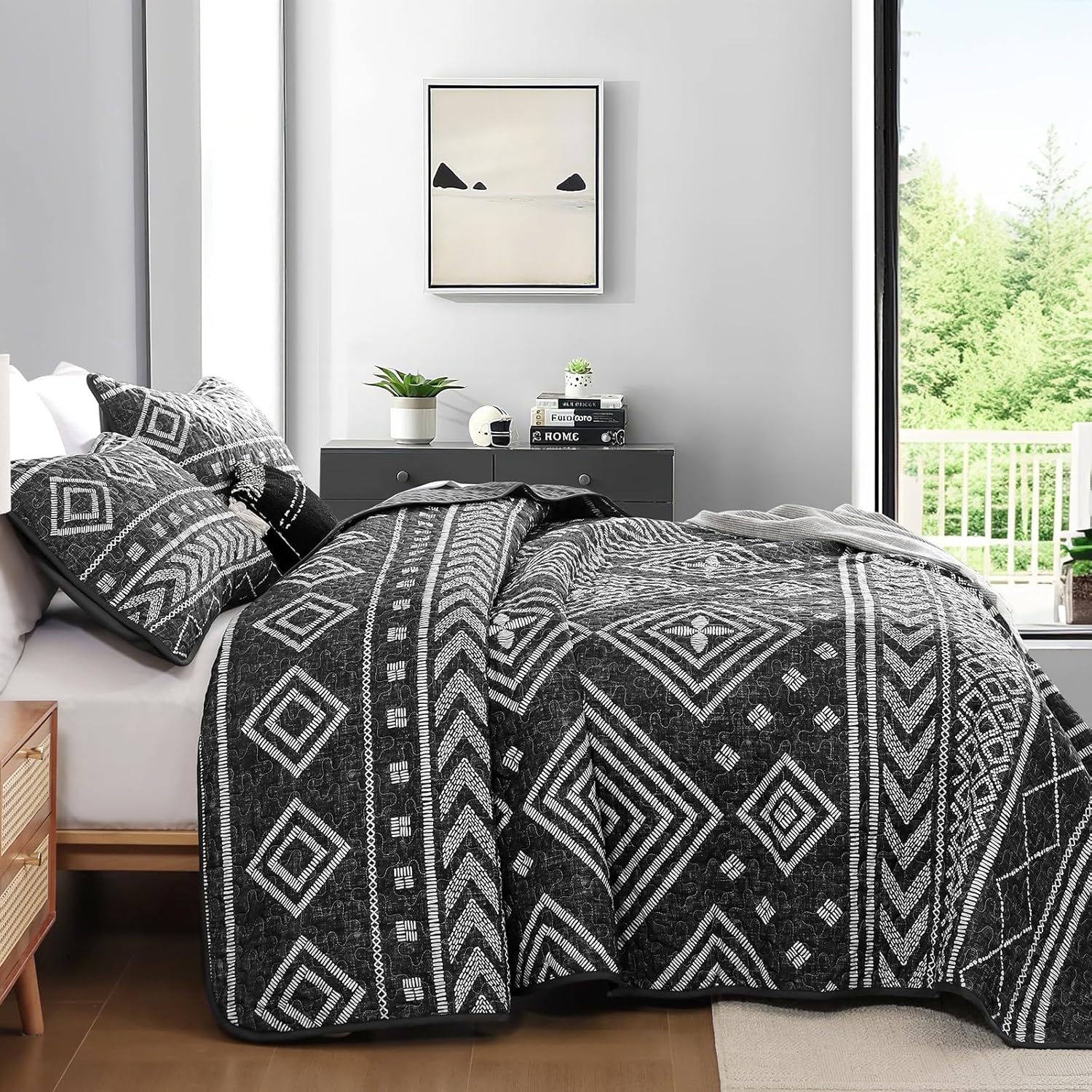 Yiran Quilt Set King Size Black and White, Boho Aztec Bedspreads Bedding Set, Bohemian Stripe Farmhouse Lightweight Coverlet Set with 2 Shams for Bed 106x90 Inch - Image 6