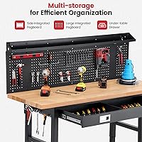 Vista 3 de ENJOYWOOD Bancos de trabajo para garaje con ruedas de 60 pulgadas Banco de trabajo ajustable de goma con tapa de madera y cajones, tablero