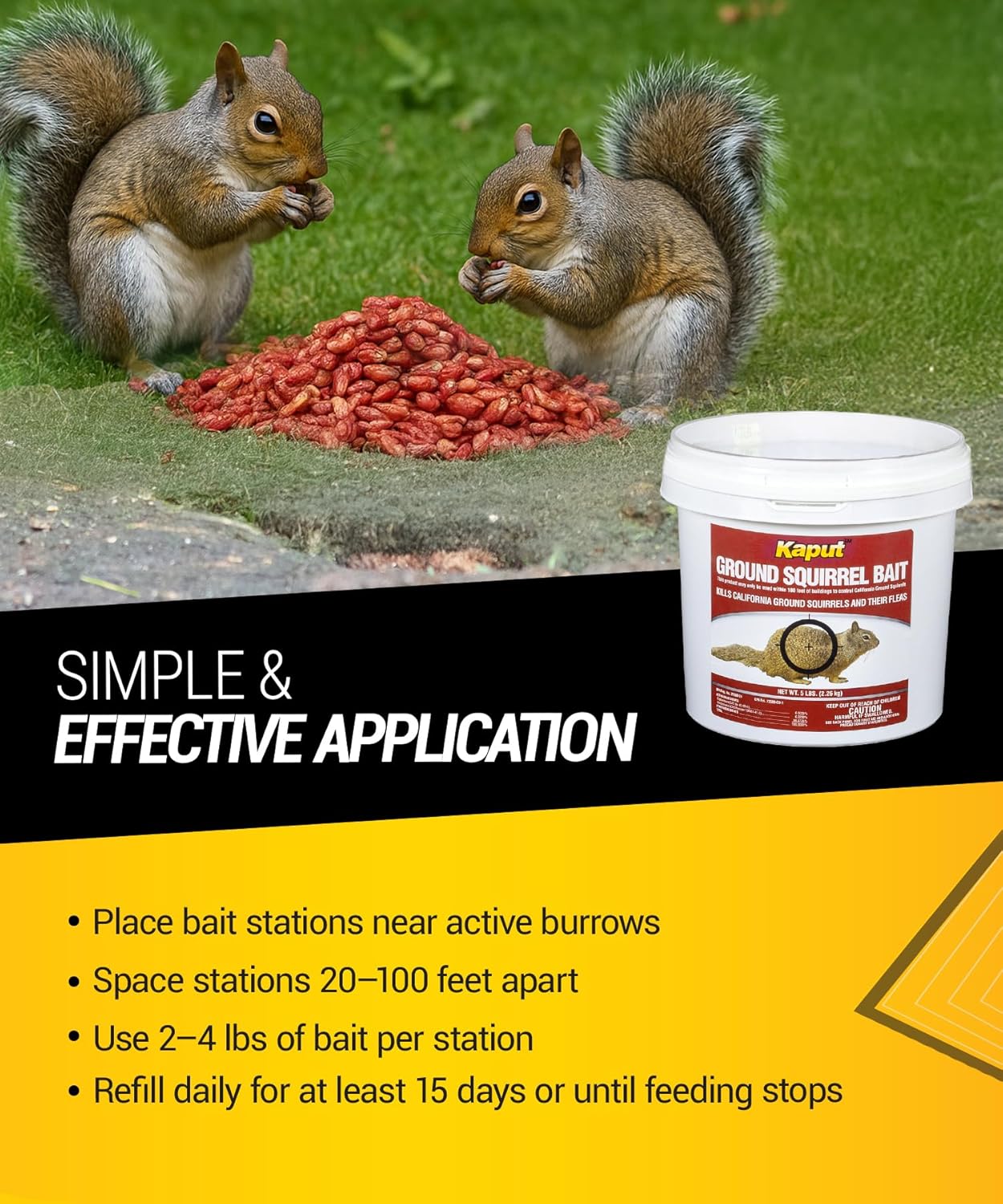 Kaput Ground Squirrel Bait - Effective Fleas & Squirrel Killer with Diphacinone & Imidacloprid - Targeted Pest Control for Outdoor Use, (5 lbs)
