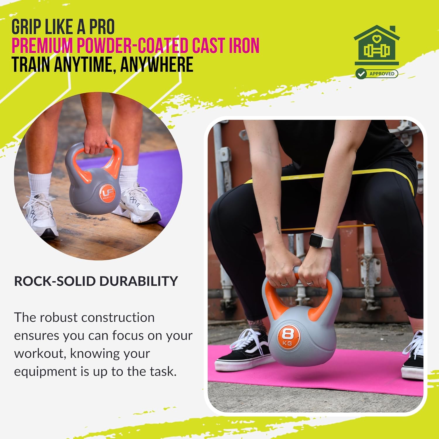 Kettlebell-weights, 8kg, Orange, Vinyl, Non-slip, Durable, 34 mm Handle, Ideal for Weightlifting, Core Stability, Strength Training, Cardiovascular Exercise, Muscle Strength