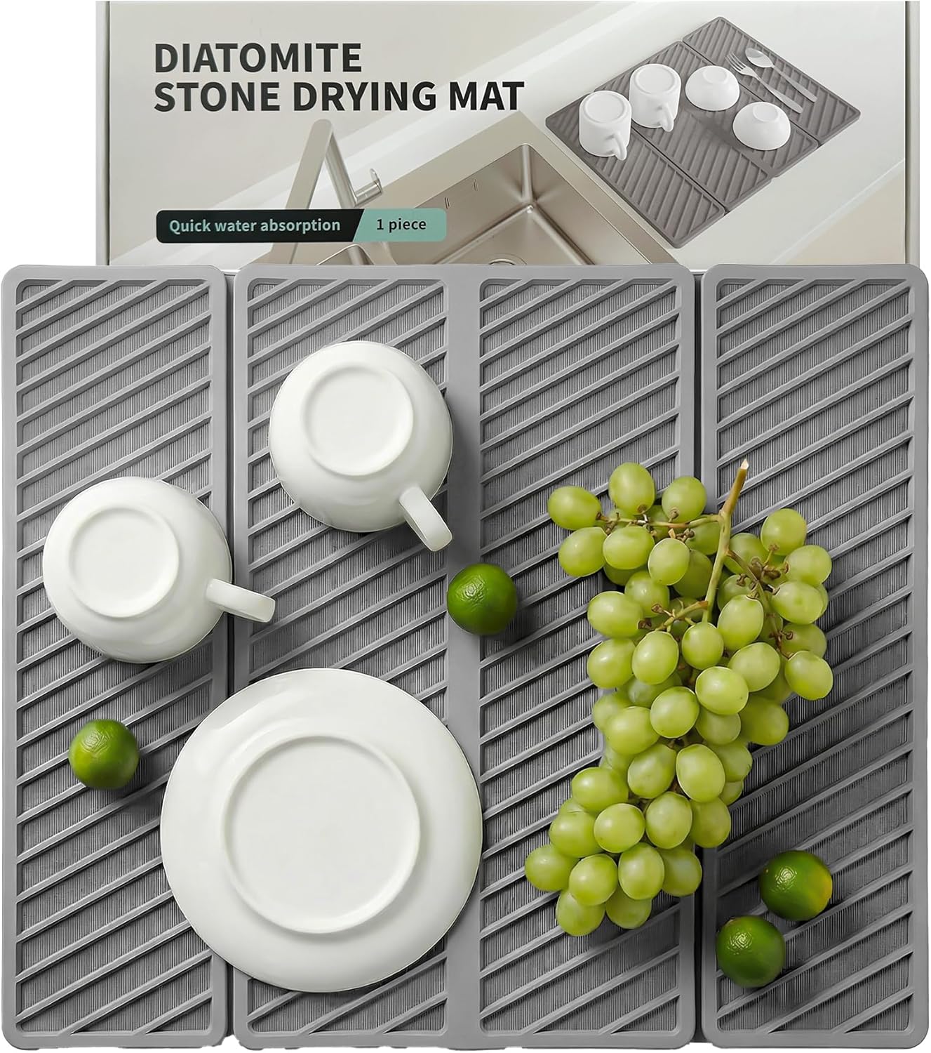 Stone Drying Mat for Kitchen Counter, Quick-Dry & Non-Slip Dish Drying Pad with Absorbent Design,19.9x15.2 Inch Foldabe Stone Dish Drying Mat for Bathroom and Countertop.(Light Grey）