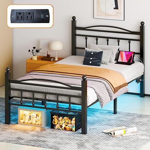Marcos de cama individual con cabecero, marco de cama LED con estación de carga, plataforma de metal, almacenamiento debajo de la cama, sin