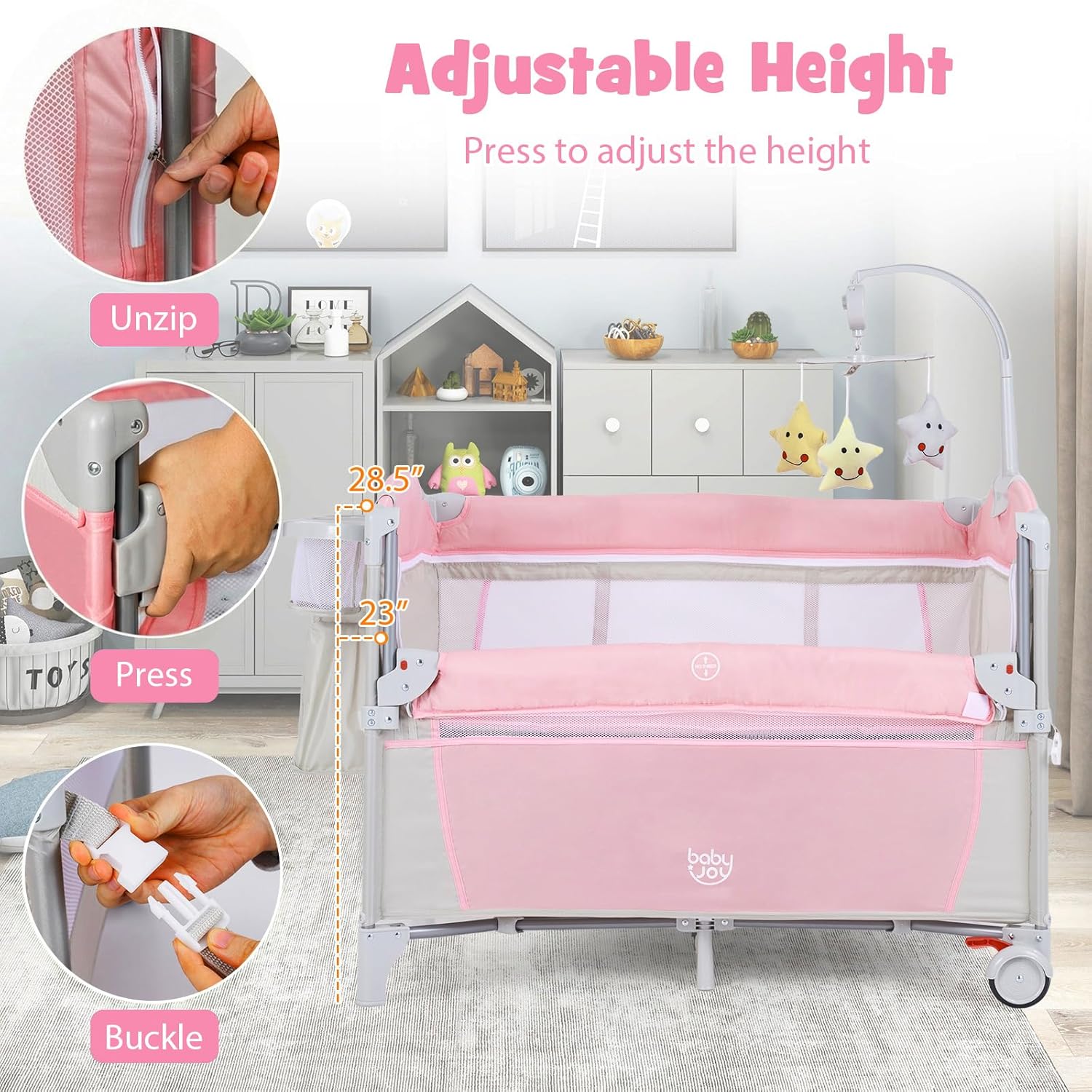 BABY JOY 5-in-1 Pink Pack and Play, Portable Baby Bedside Sleeper with Bassinet, U-Shaped Diaper Changer, Safety Strap, Side Zipper Entrance, Hangings, Bedside Crib Playard from Newborn to Toddlers