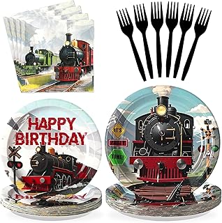 Grencian 96Pcs Train Birthday Party Decorations Vintage Steam Train Paper Plates and Napkins Retro Trains Disposable Tableware Sets for Boys Trains Themed Birthday Party Supplies Serves 24