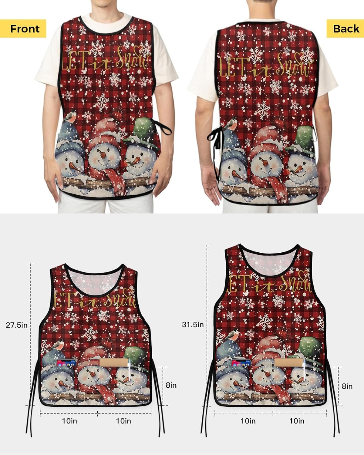 Winter Snowman Cobbler Aprons with 2 Pockets Bib Christma Snowflake Rustic Plaid Grey
