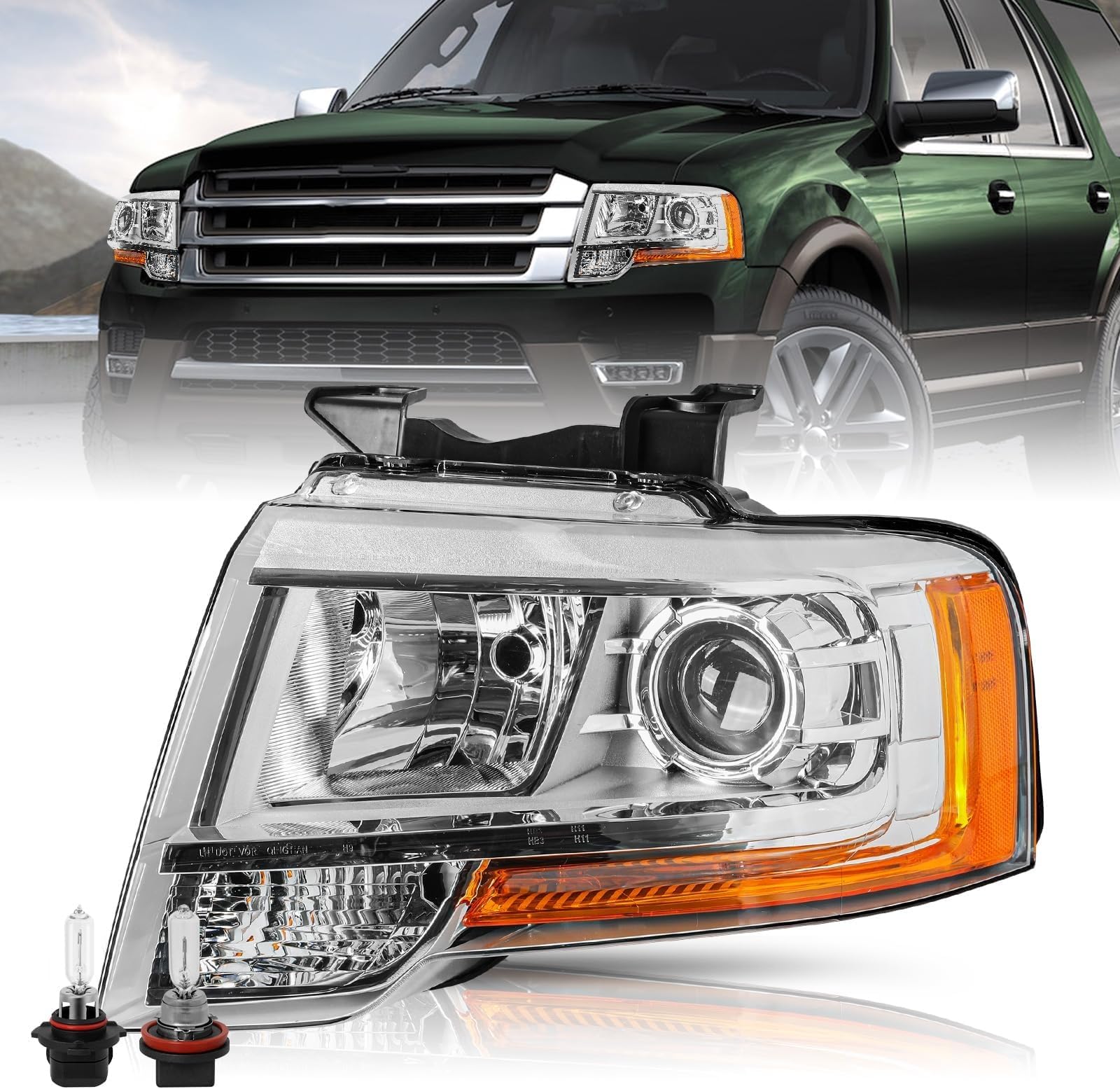 Projector Headlight Assembly w/Bulbs Fit for 15 16 17 Ford Expedition Left Driver Side Chrome Headlamp Replacement