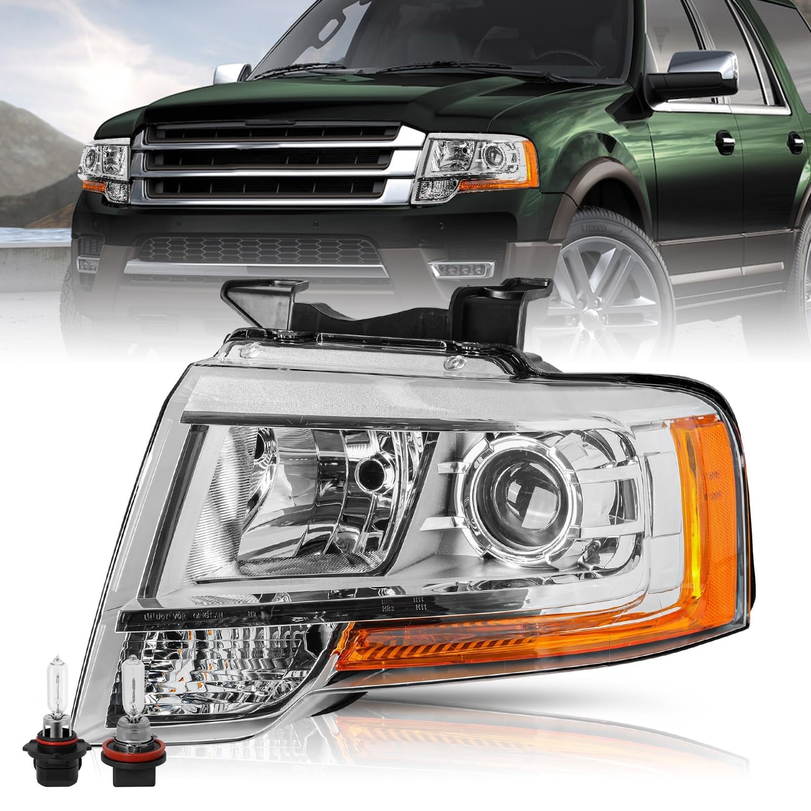 Projector Headlight Assembly w/Bulbs Fit for 15 16 17 Ford Expedition Left Driver Side Chrome Headlamp Replacement