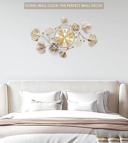 Miniatura 3 de Relojes para sala de estar, reloj de pared grande, reloj de pared silencioso 3D, diseño retro de hoja de ginkgo de metal, para dormitorio, cocina,