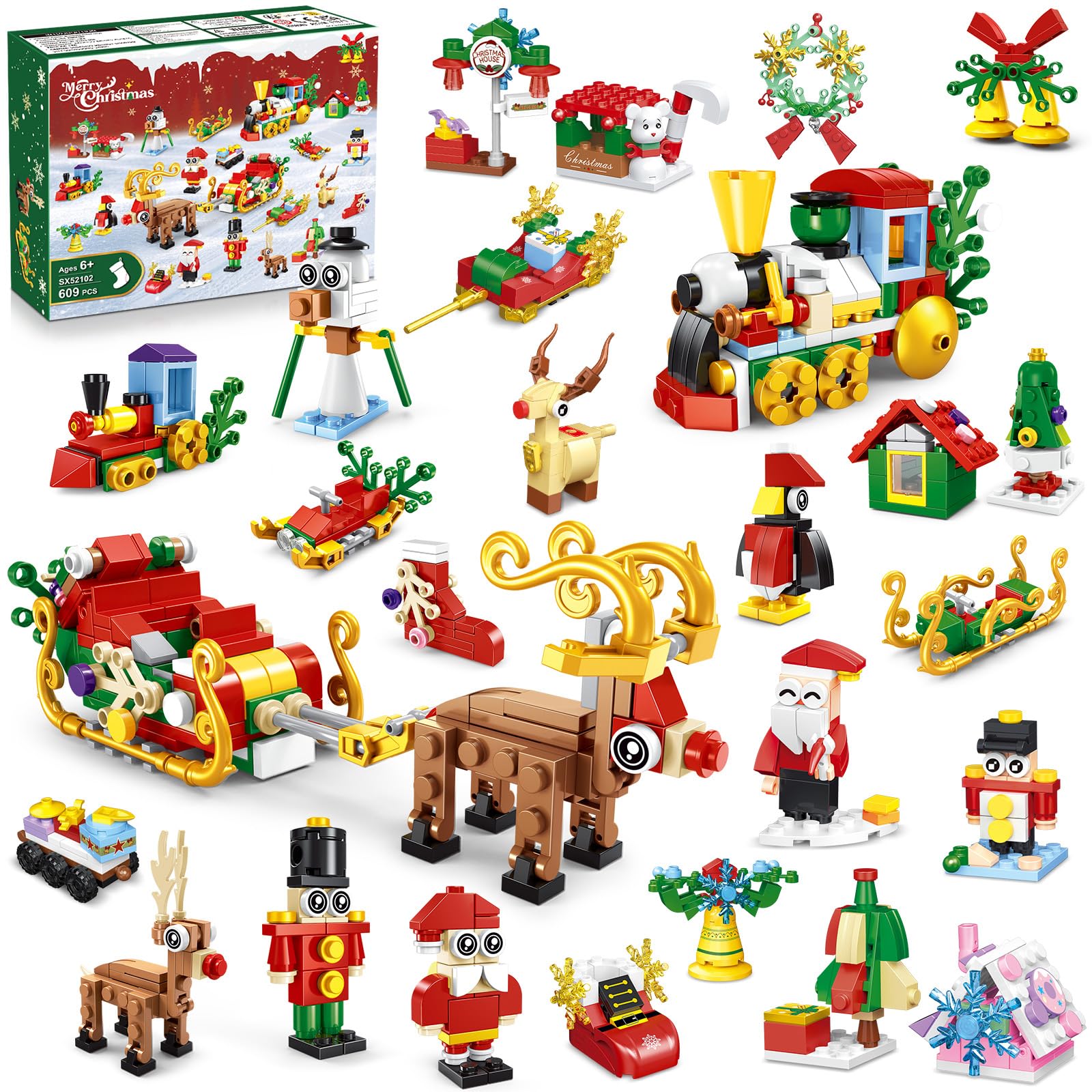 INSOON 24 Pack Christmas Building Toys 2024, 50-in-1 Christmas Building Set Toy, Christmas Tree Santa Train House Building Blocks, 609 Pieces, Gifts for Children, Boys, Girls Age 6-12+