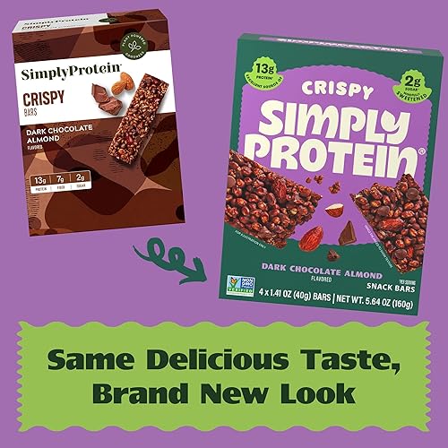 Miniatura 7 de Simply Protein - Barras crujientes de chocolate oscuro con almendras - Barras de proteína a base de plantas - Bajas en carbohidratos, bajas en