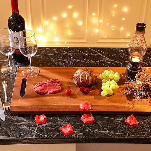 Miniatura 4 de Bokon 2 tablas de madera de acacia para charcutería con asa, bandeja de madera rectangular con mango hueco, bandeja de madera para servir regalos de