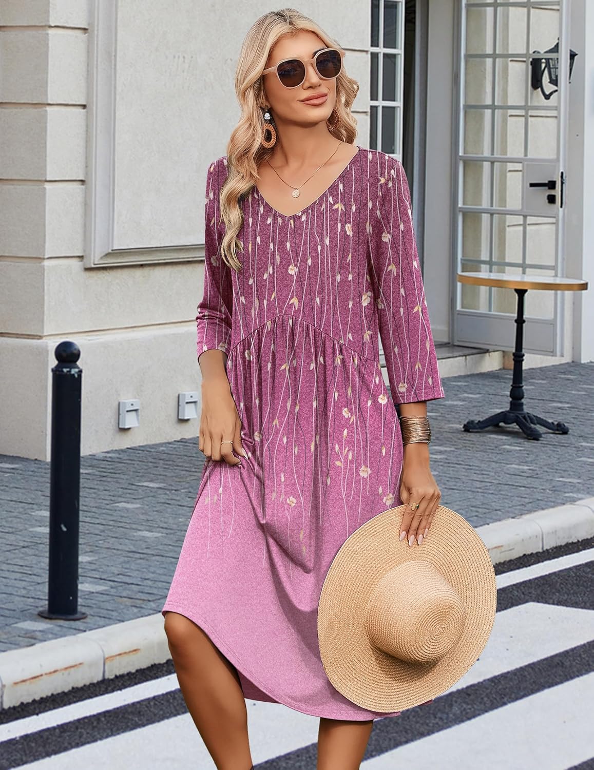 Zeagoo 3/4 Sleeve Women's Dress Casual Midi Tshirt Dresses with Pockets Empire Waist Summer Semi-Formal Boho Beach Sundress - Image 6
