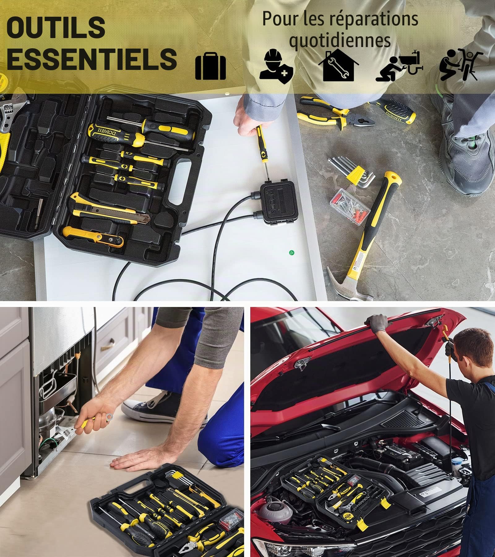 DOWELL Ensemble d'outils, kit d'outils pour réparation automobile et ménage avec douille, clé, tournevis, ensemble d'embouts et boîte de rangement en plastique, HYT128 (128 pièces)