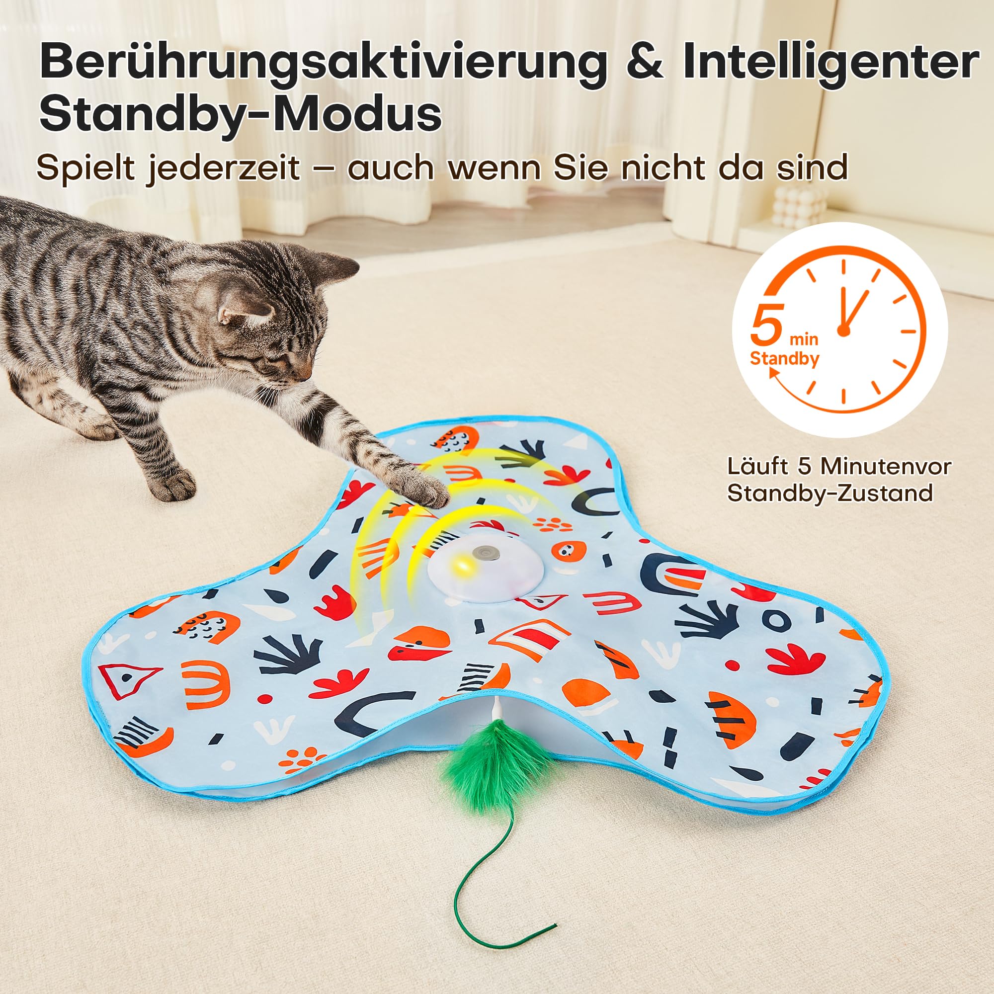 Potaroma Interaktives Katzenspielzeug mit Federautomatik - Wiederaufladbar, berührungsaktiviert mit Mausgeräuschen, ideales Bewegungsspielzeug für aktive Wohnungskatzen Blumenmuster-Abdeckung