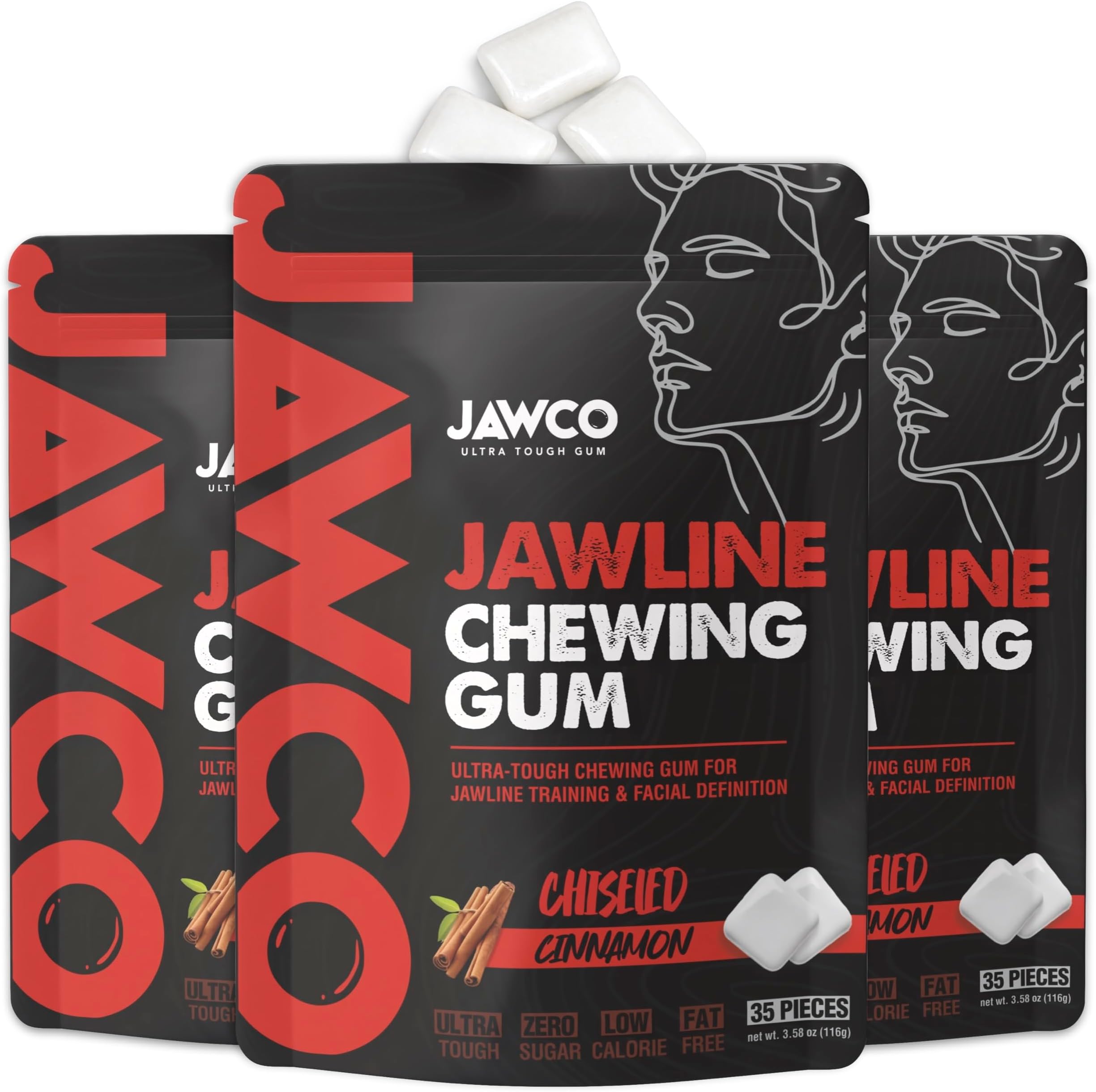 JAWCO Ultra-tough Jawline Chewing Gum | Get a Stronger, Squarer Jawline | Jaw Training Hard Gum | Chisel, Sculpt, Tone your Jaw | 15X Hardness | Facial Fitness Mewing Gum | Chiseled Cinnamon (3-Pack)