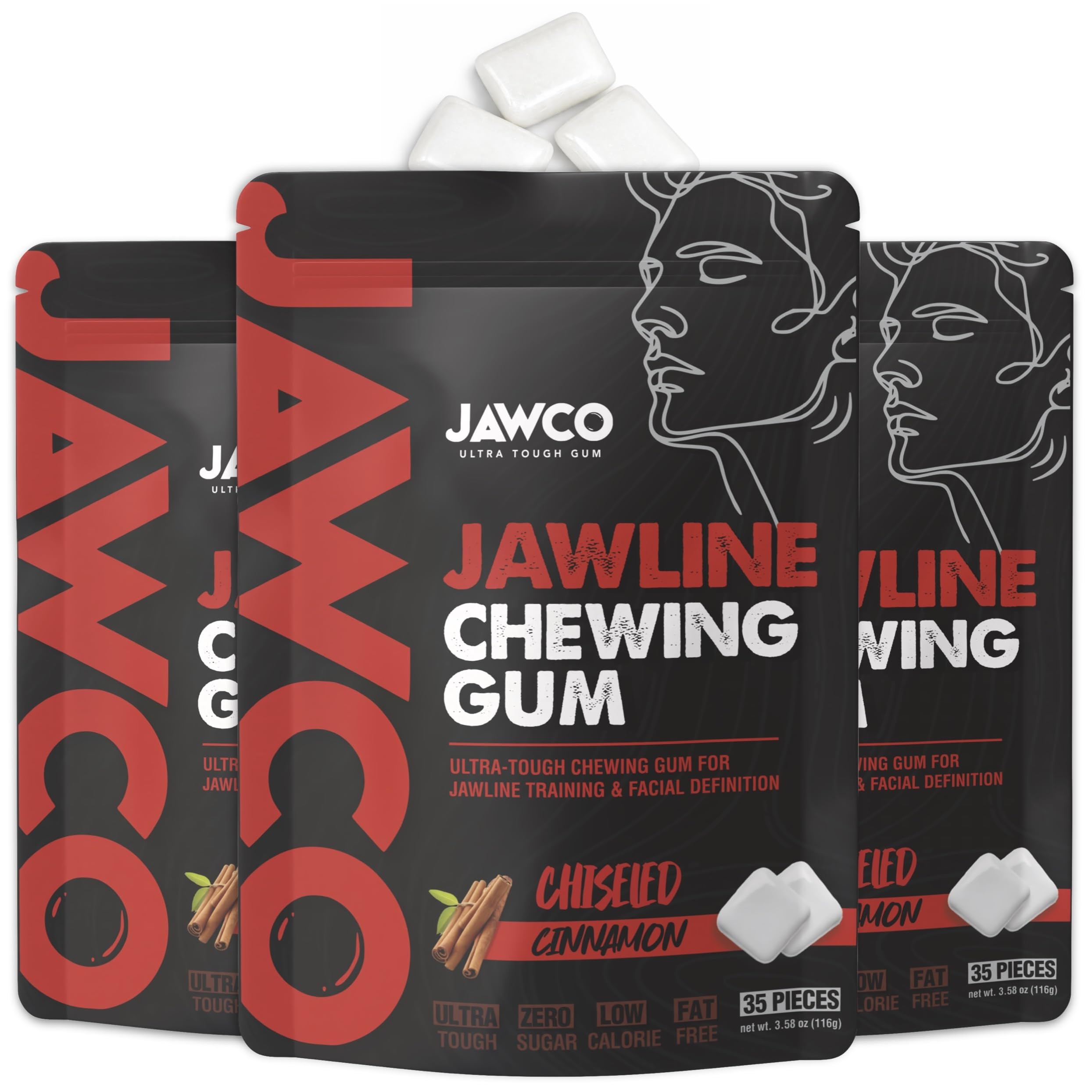 JAWCO Ultra-tough Jawline Chewing Gum | Get a Stronger, Squarer Jawline | Cinnamon Jaw Training Hard Gum | Chisel, Sculpt, & Tone your Jaw | 15X Hardness | Facial Fitness Mewing Gum | 35 Pieces/Pack